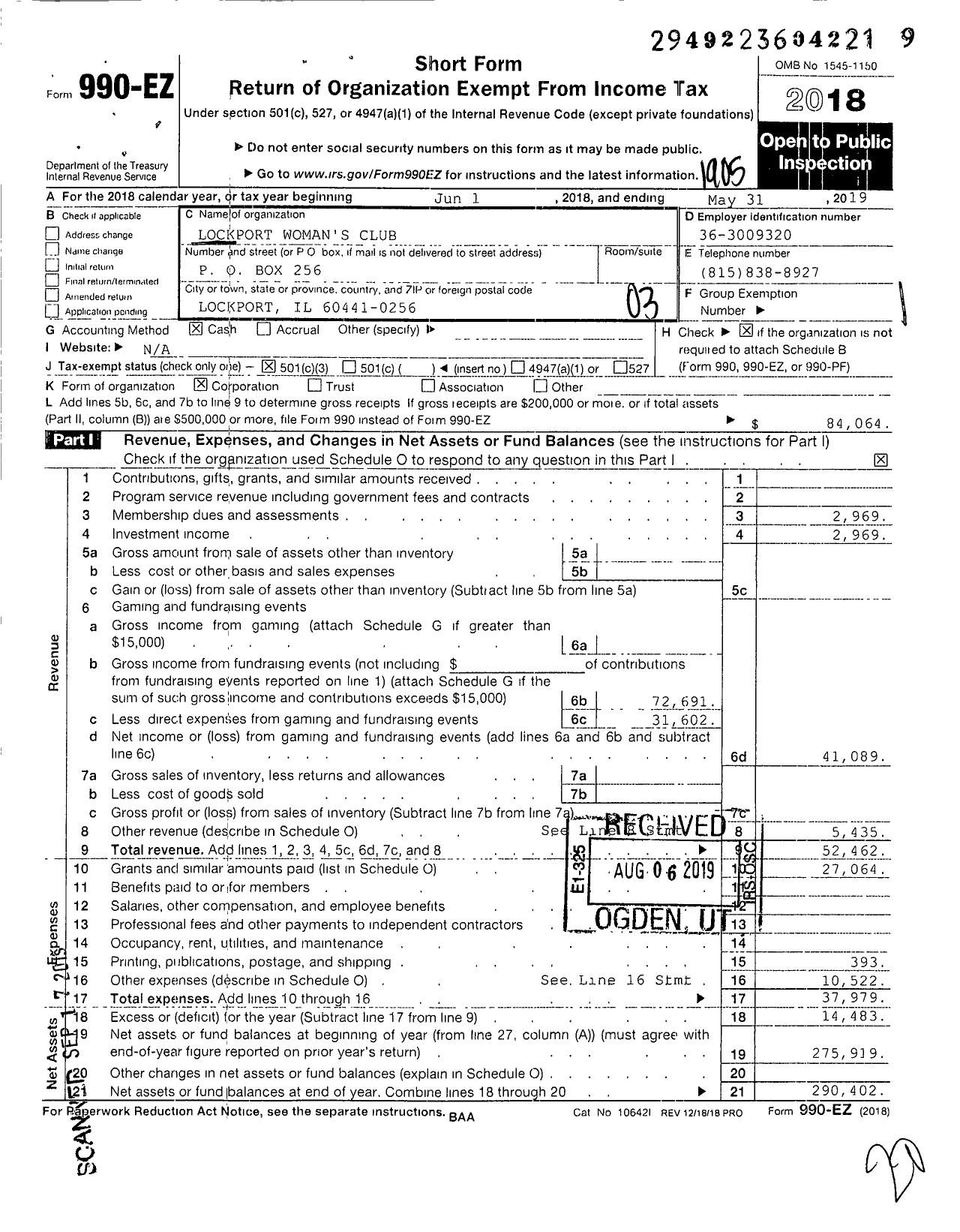 Image of first page of 2018 Form 990EZ for Lockport Womans Club