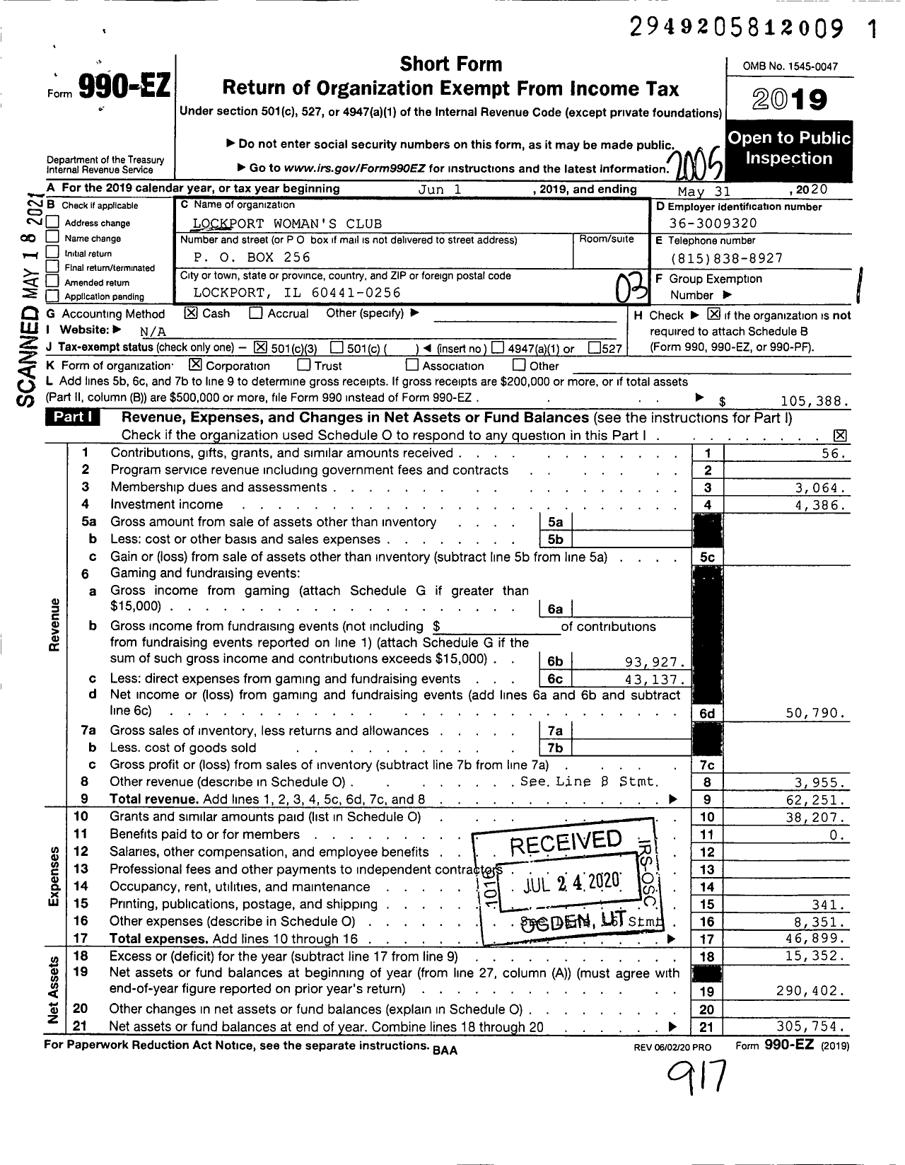 Image of first page of 2019 Form 990EZ for Lockport Womans Club