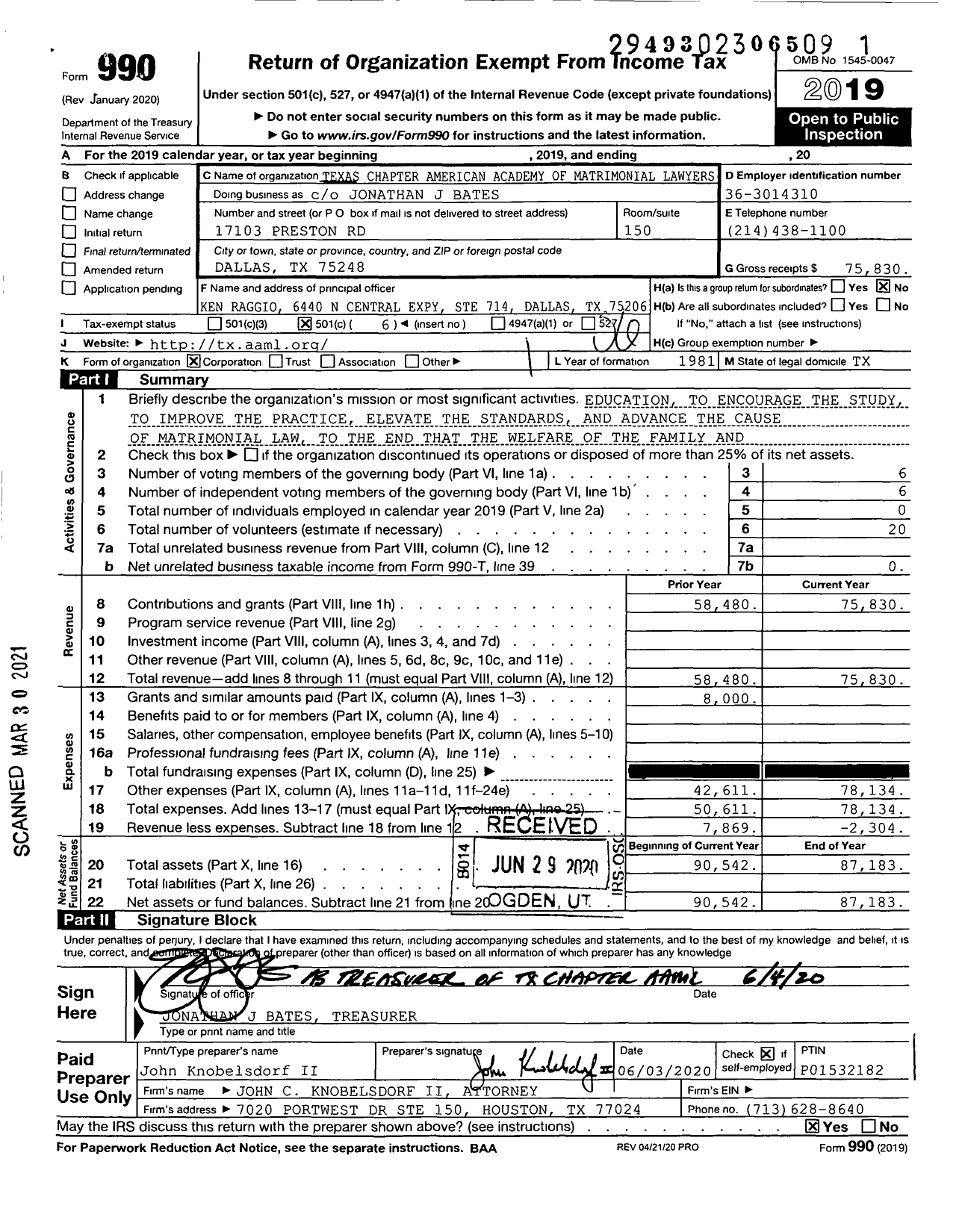 Image of first page of 2019 Form 990O for American Academy of Matrimonial Lawyers / Texas Chapter