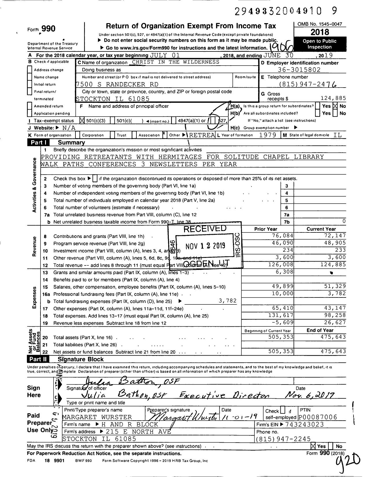 Image of first page of 2018 Form 990 for Christ in the Wilderness