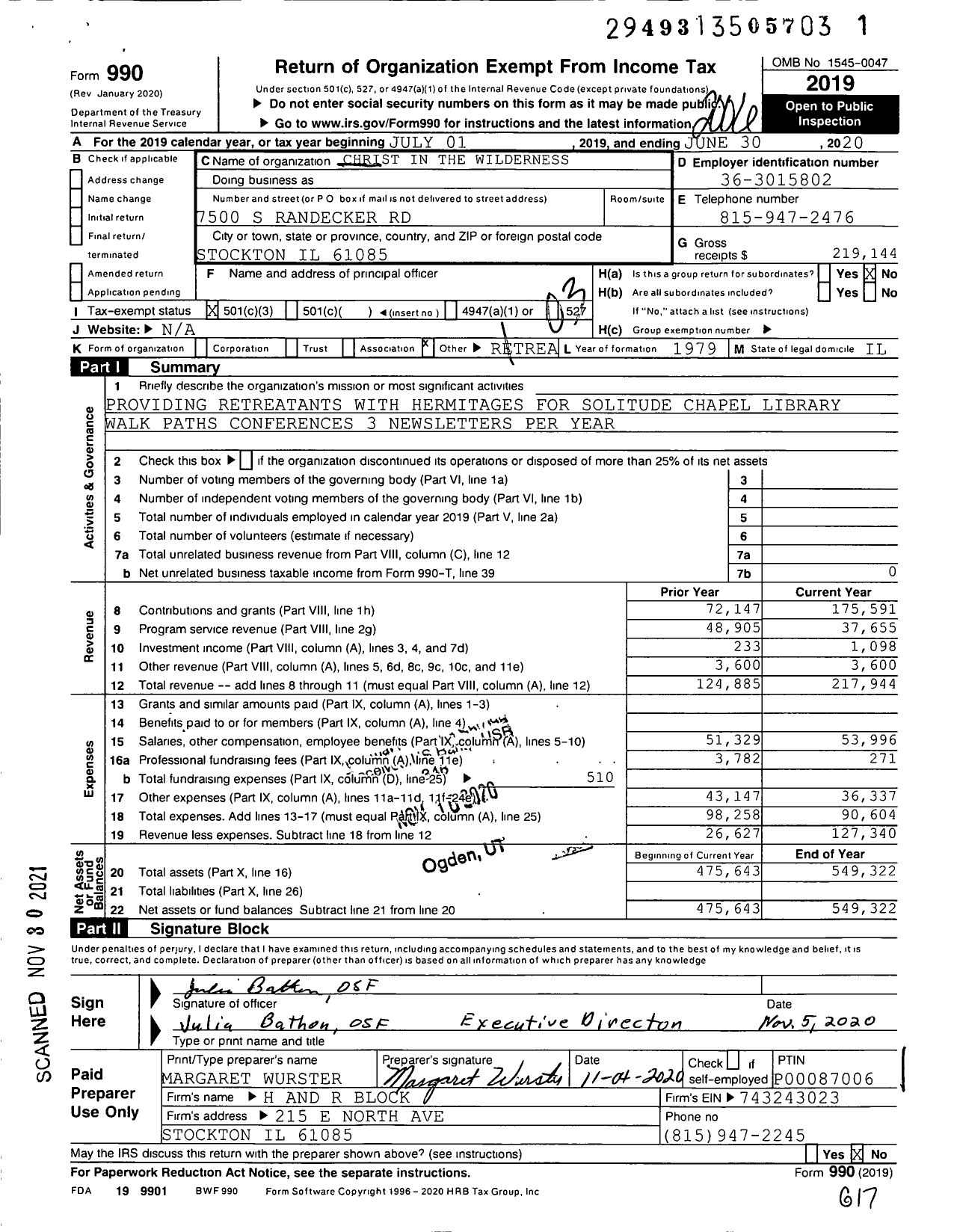 Image of first page of 2019 Form 990 for Christ in the Wilderness