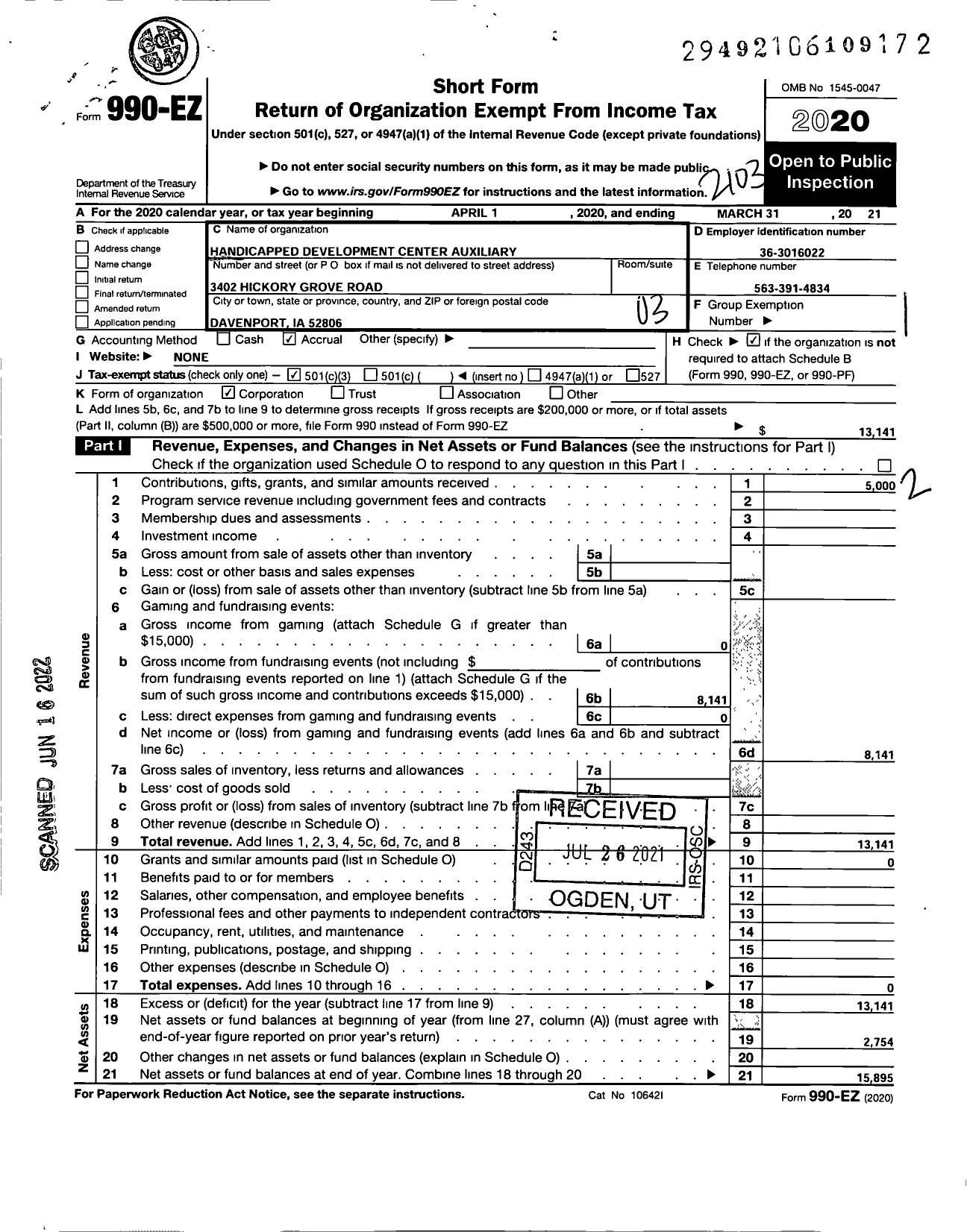 Image of first page of 2020 Form 990EZ for Handicapped Development Center Auxiliary