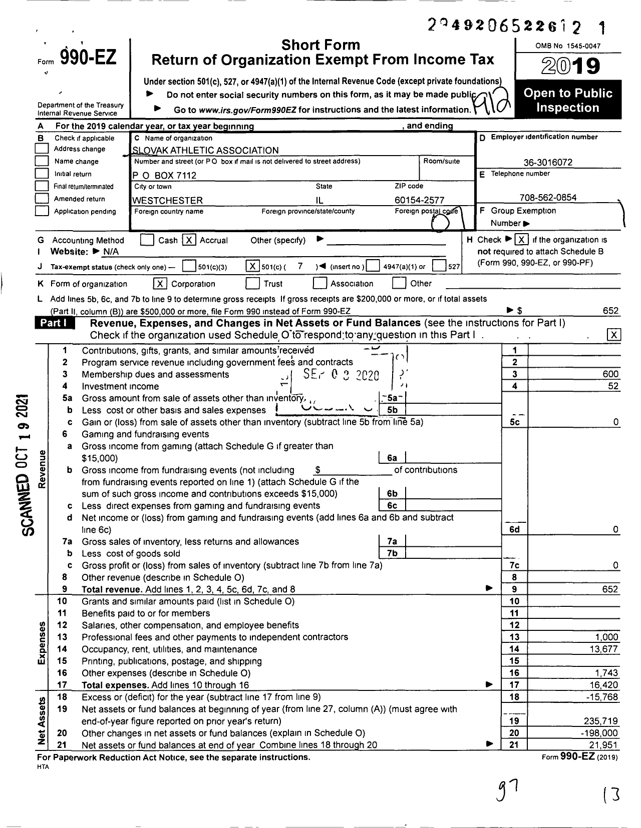 Image of first page of 2019 Form 990EO for Slovak Athletic Association