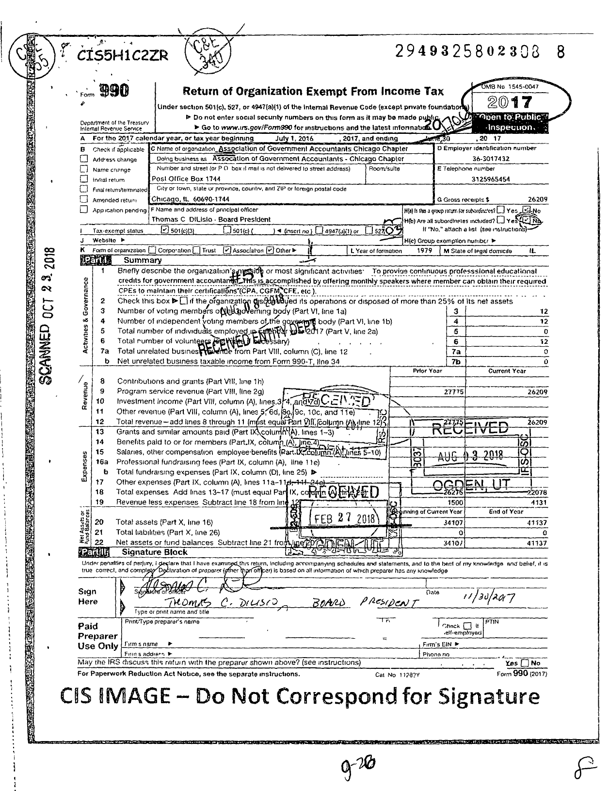 Image of first page of 2016 Form 990 for Association of Government Accountants / Chicago Chapter