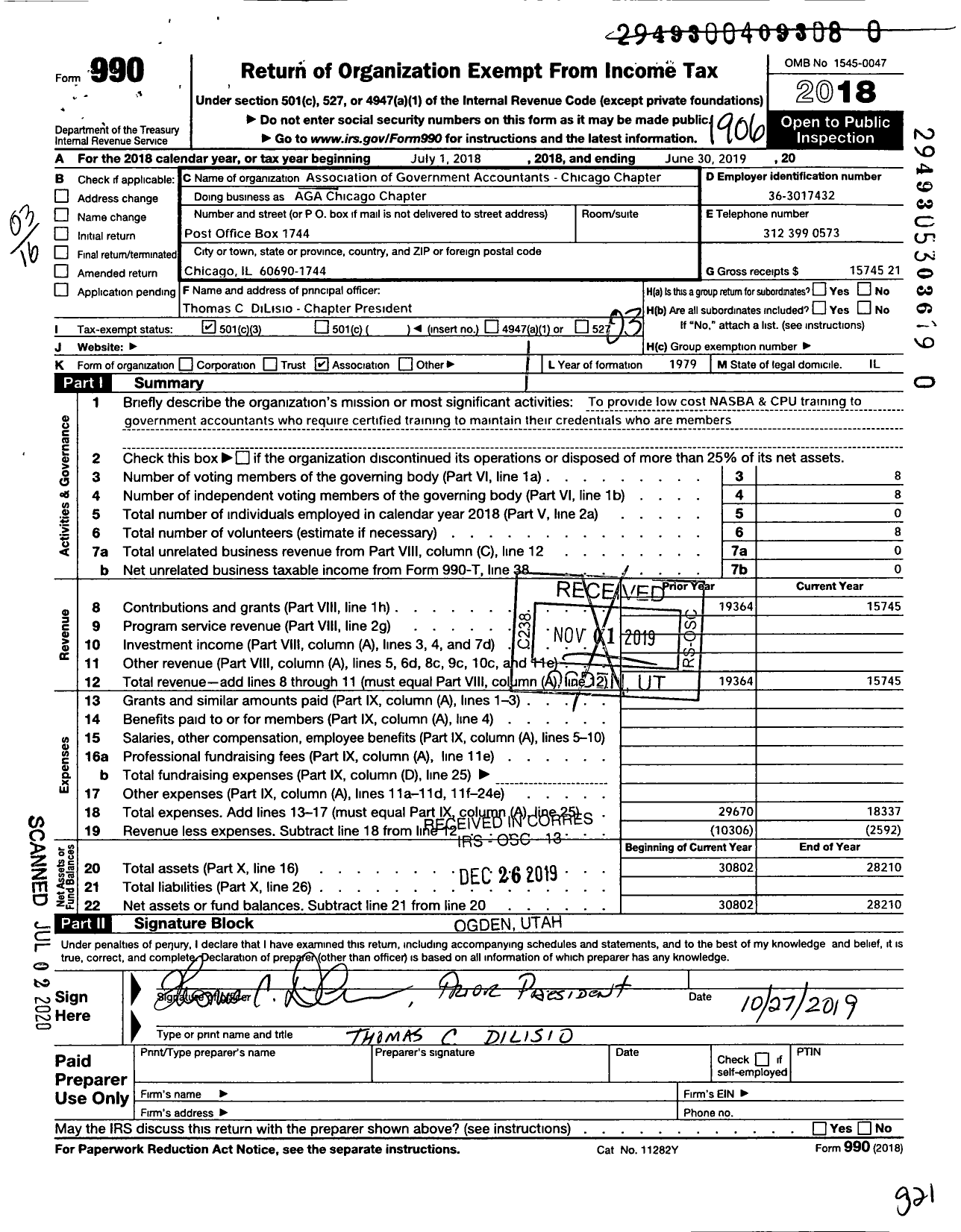 Image of first page of 2018 Form 990 for Association of Government Accountants / Chicago Chapter