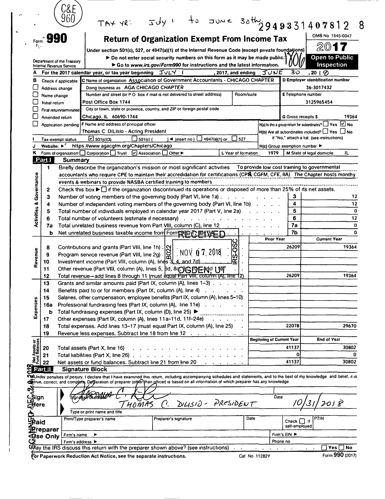 Image of first page of 2017 Form 990 for Association of Government Accountants / Chicago Chapter