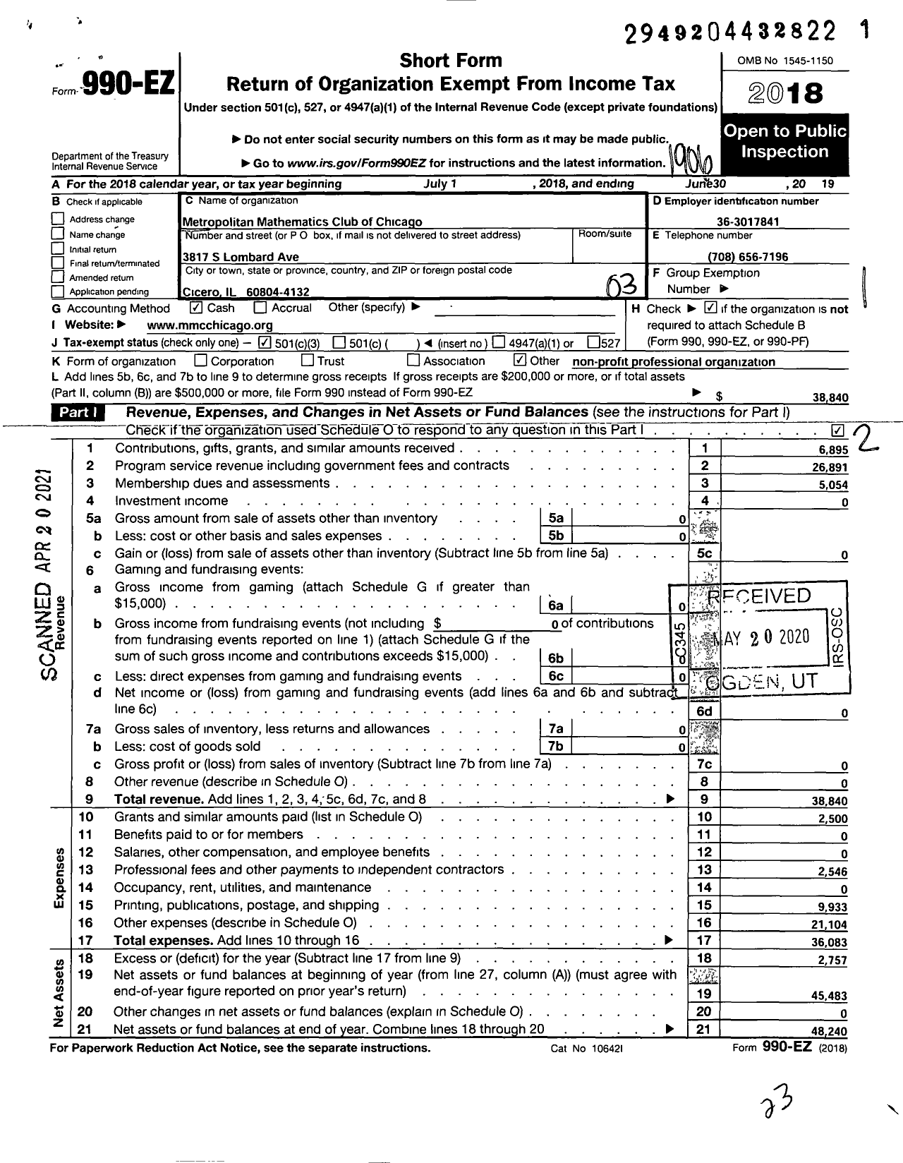 Image of first page of 2018 Form 990EZ for Metropolitan Mathematics Club of Chicago