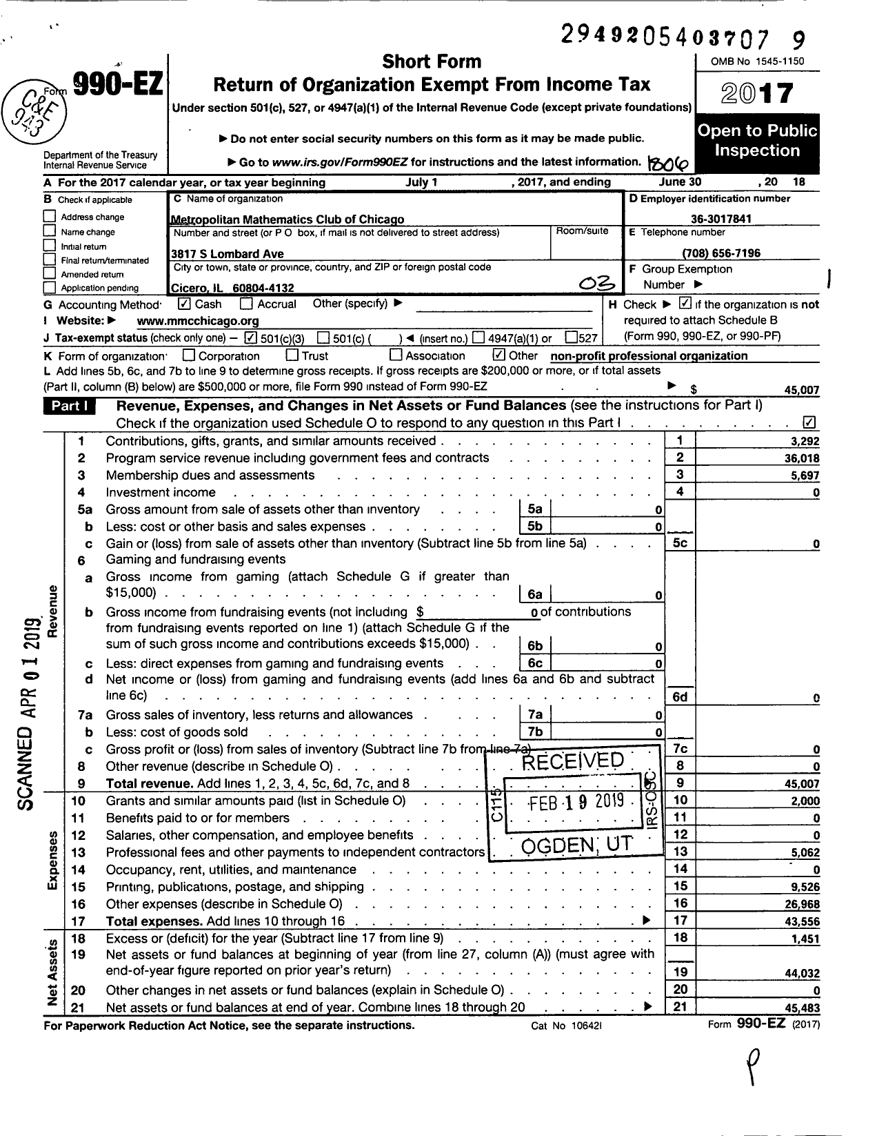 Image of first page of 2017 Form 990EZ for Metropolitan Mathematics Club of Chicago