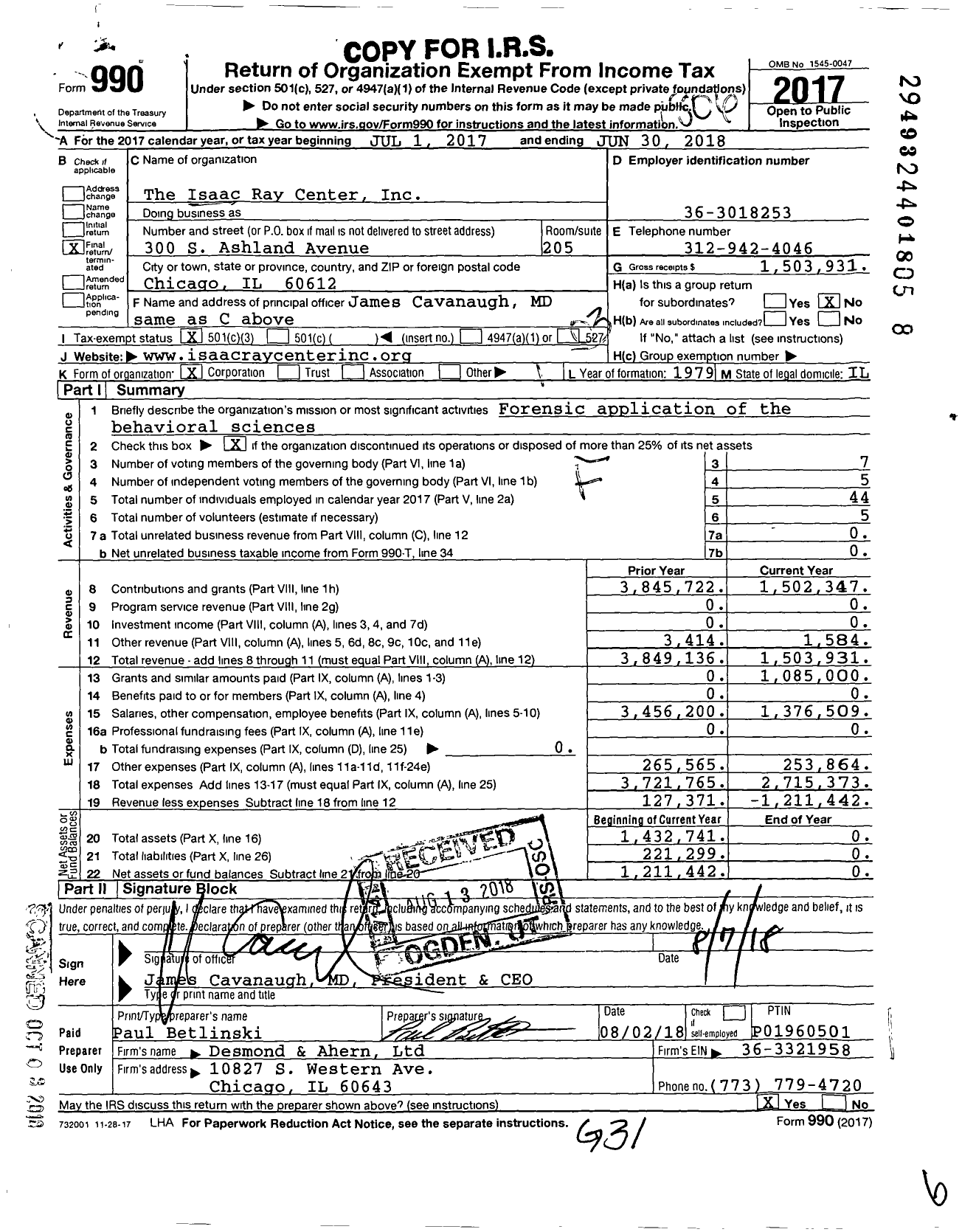 Image of first page of 2017 Form 990 for Isaac Ray Center (IRC)
