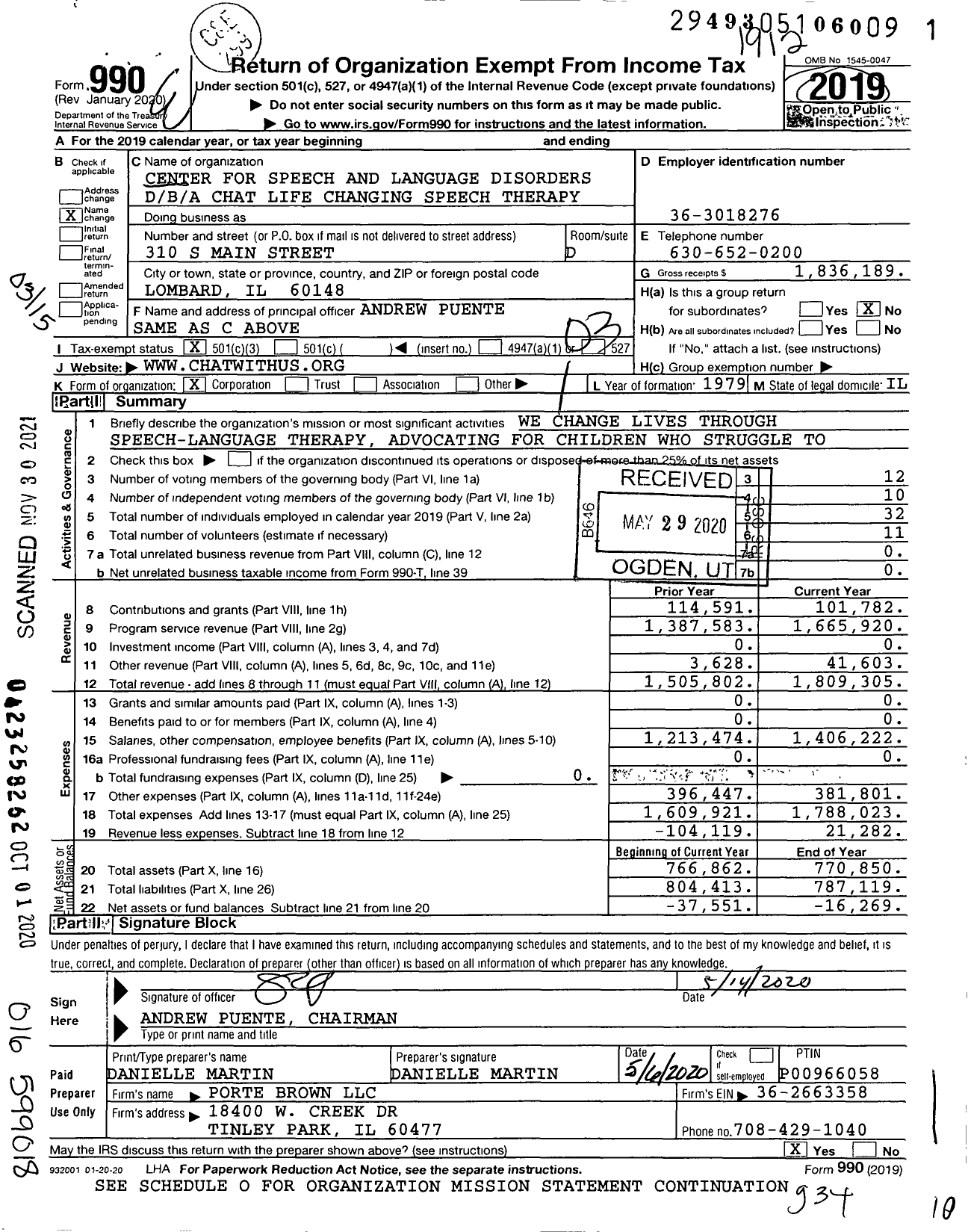 Image of first page of 2019 Form 990 for Chat Life Changing Speech Therapy