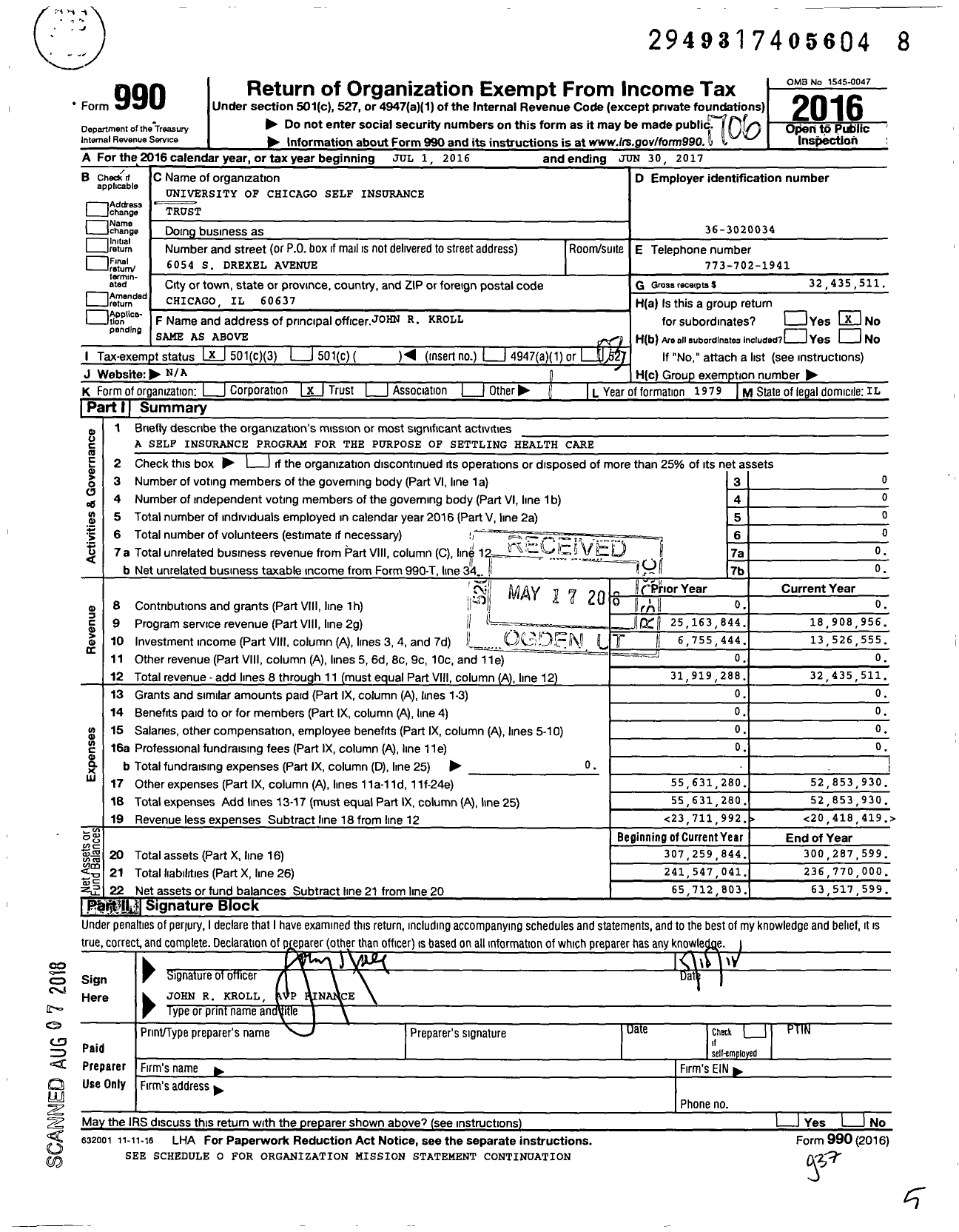 Image of first page of 2016 Form 990 for University of Chicago Self Insurance Trust