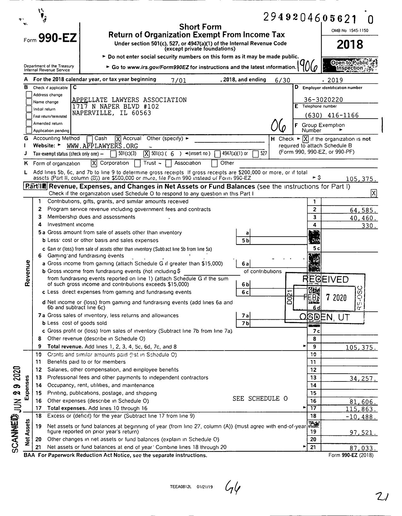 Image of first page of 2018 Form 990EO for Appellate Lawyers Association