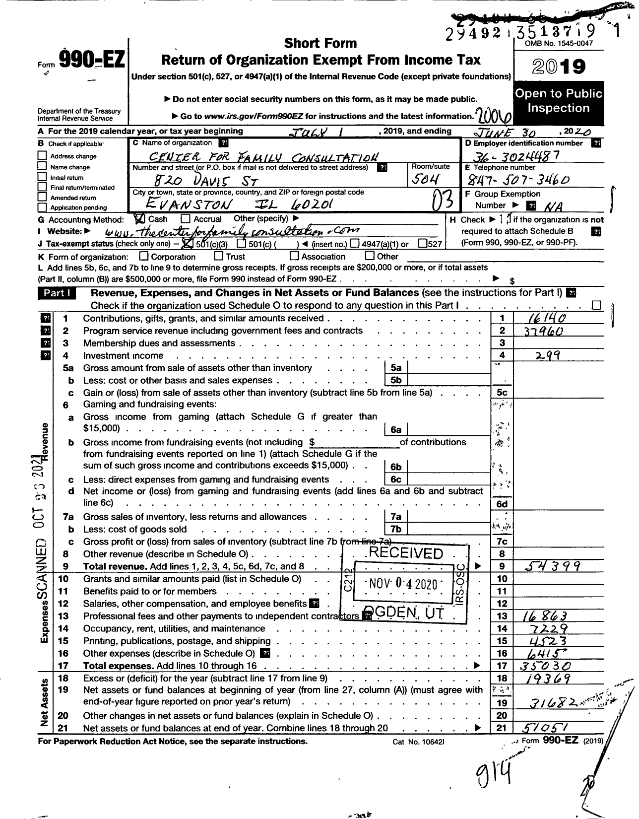 Image of first page of 2019 Form 990EZ for Center for Family Consultation