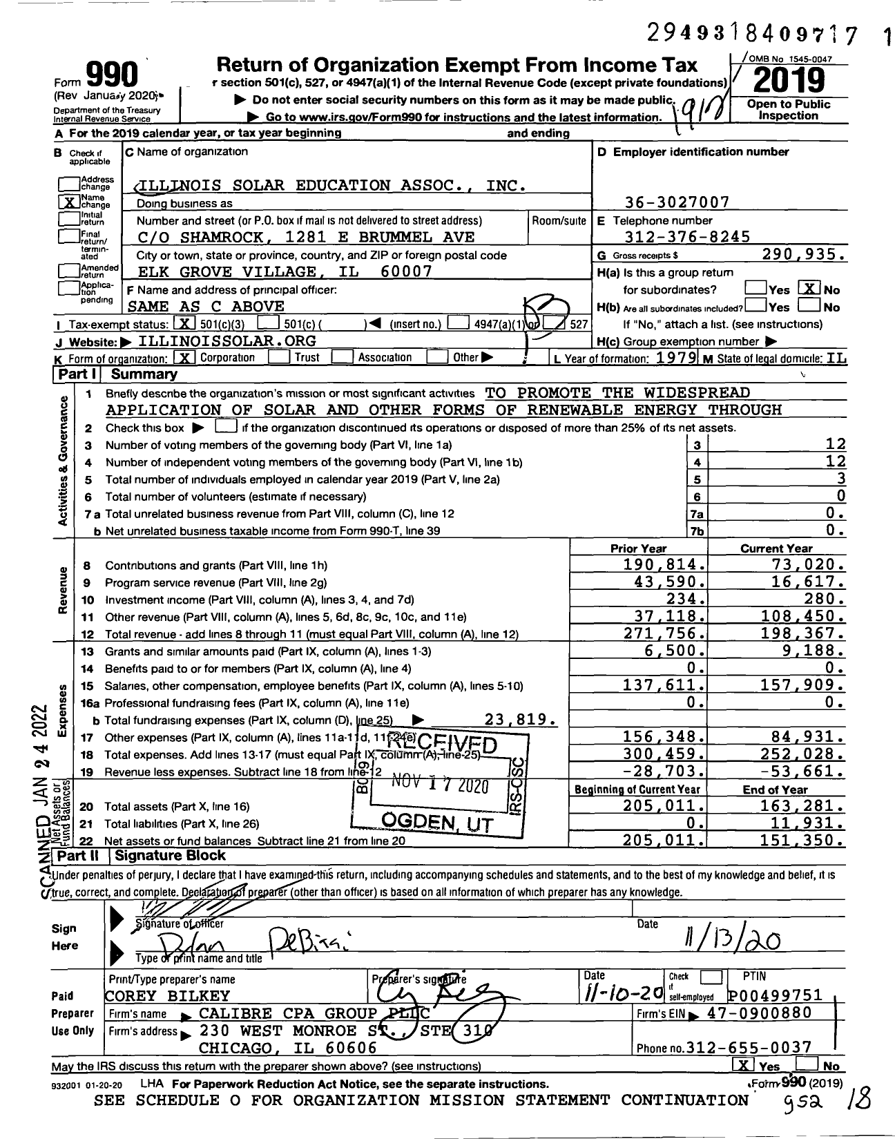 Image of first page of 2019 Form 990 for Illinois Solar Education Association