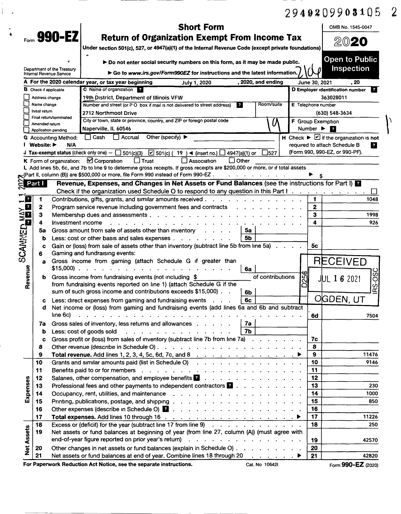 Image of first page of 2020 Form 990EO for VFW Dept of Illinois - 19 District