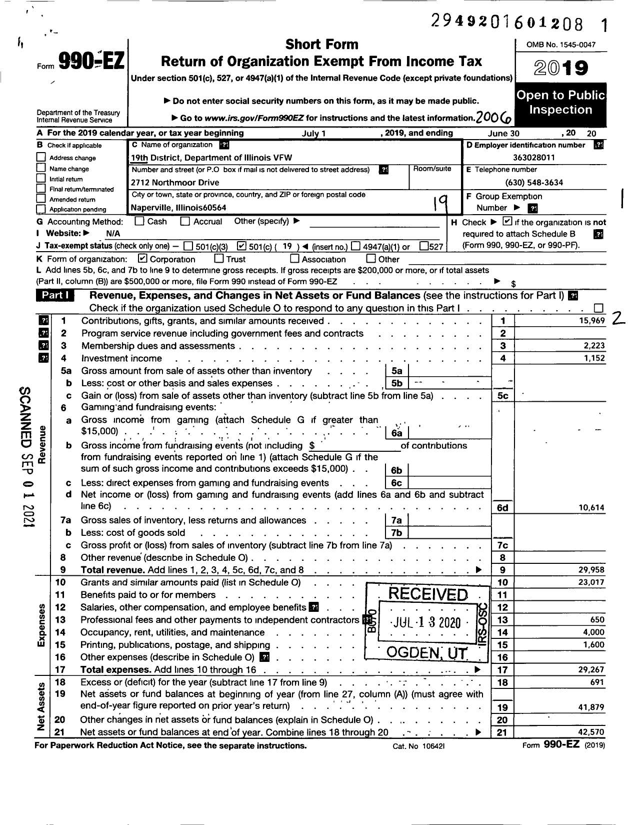 Image of first page of 2019 Form 990EO for VFW Dept of Illinois - 19 District