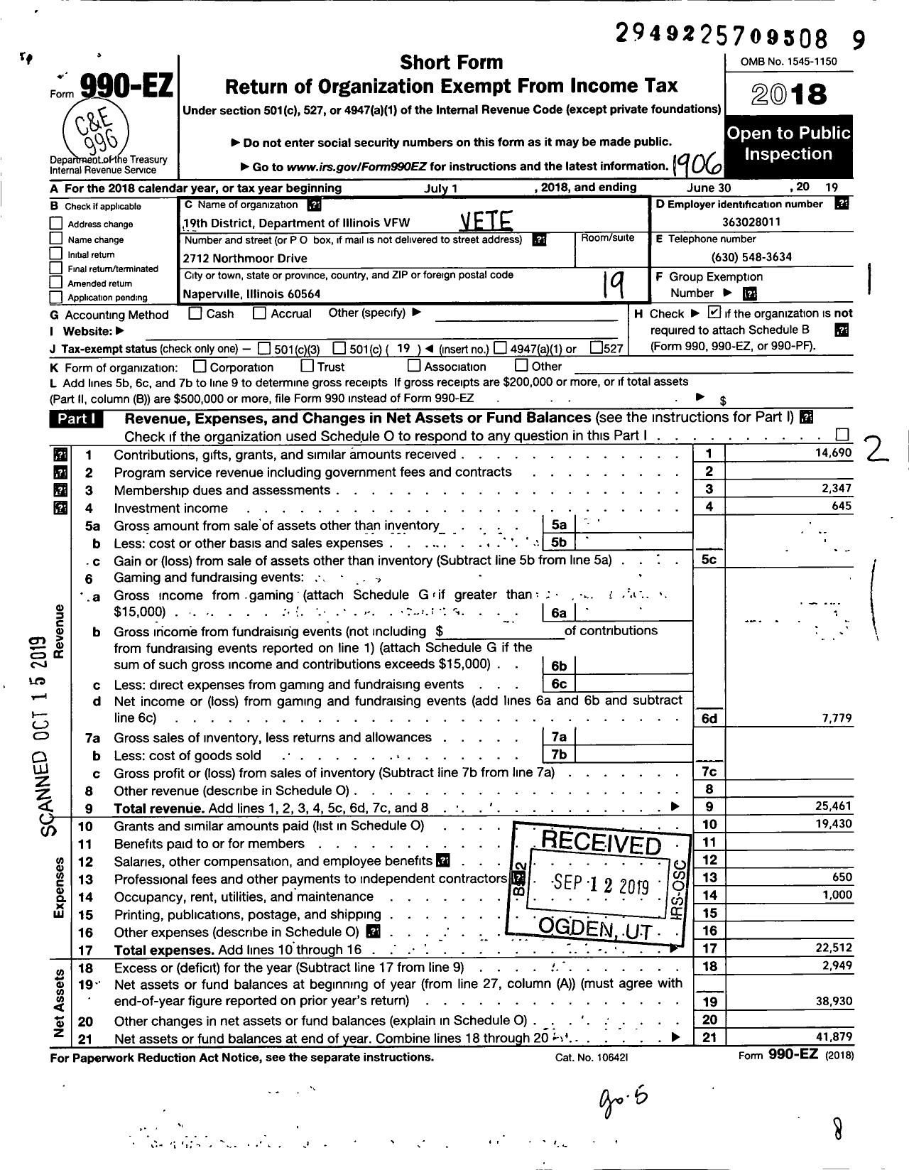 Image of first page of 2018 Form 990EO for VFW Dept of Illinois - 19 District