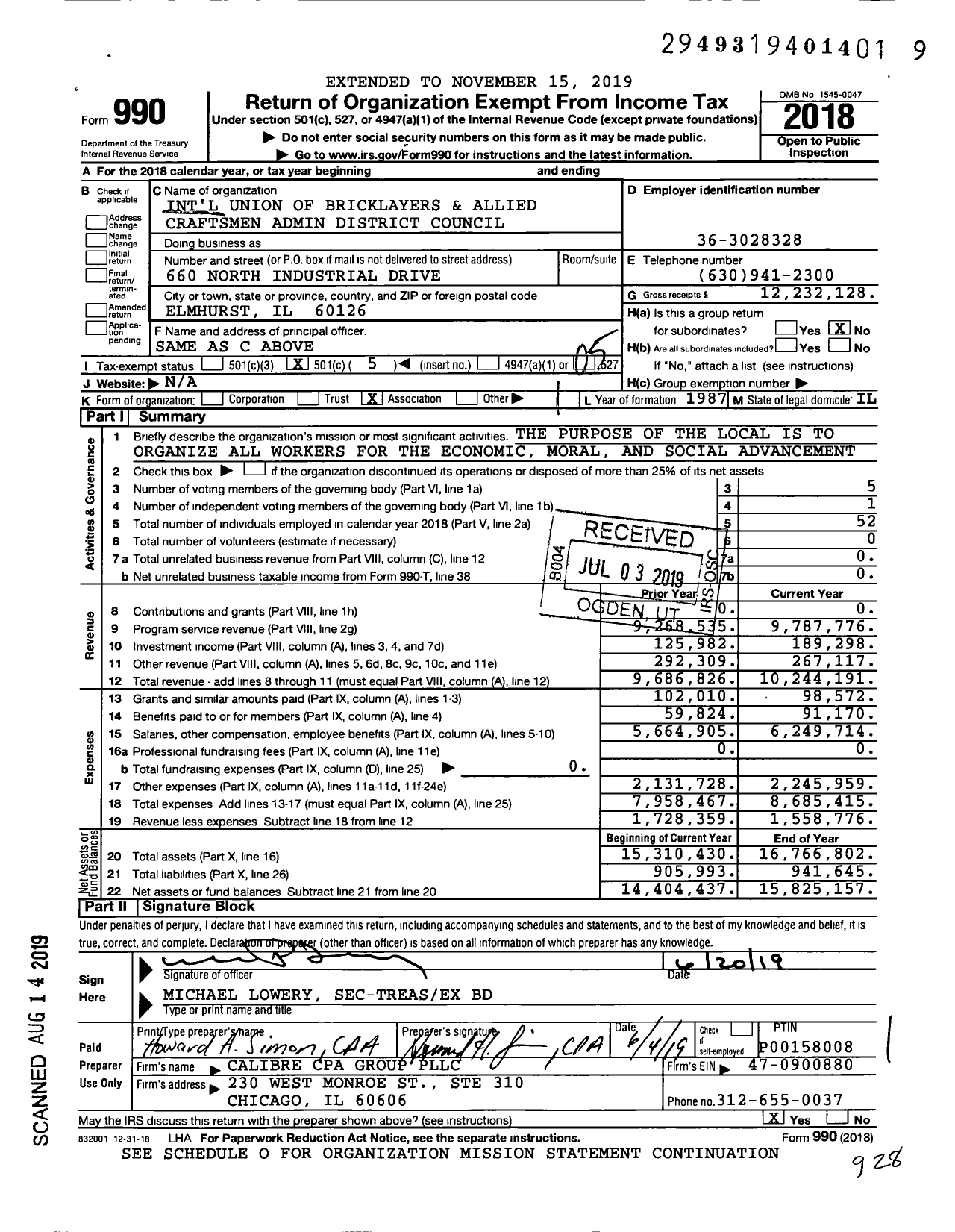Image of first page of 2018 Form 990O for BAC Administrative District Council 1 of Illinois