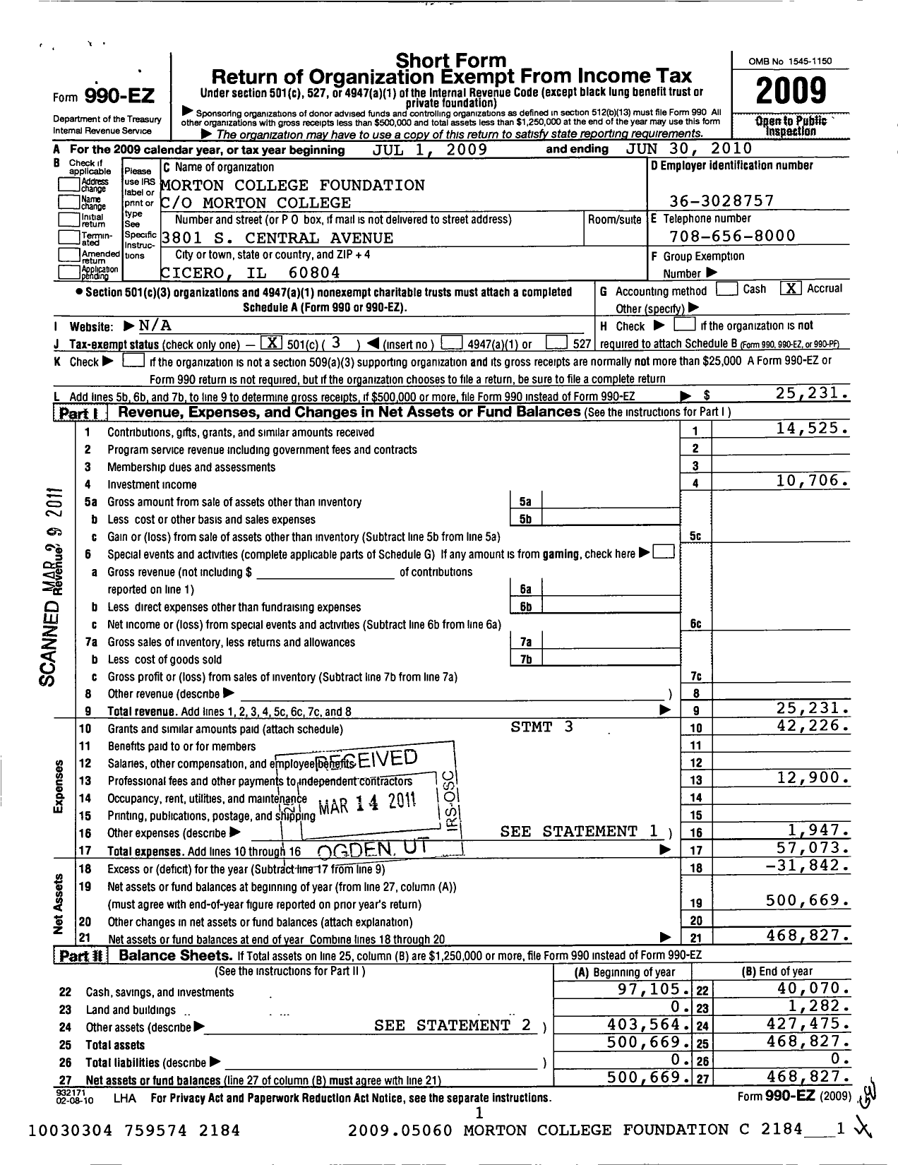 Image of first page of 2009 Form 990EZ for Morton College Foundation