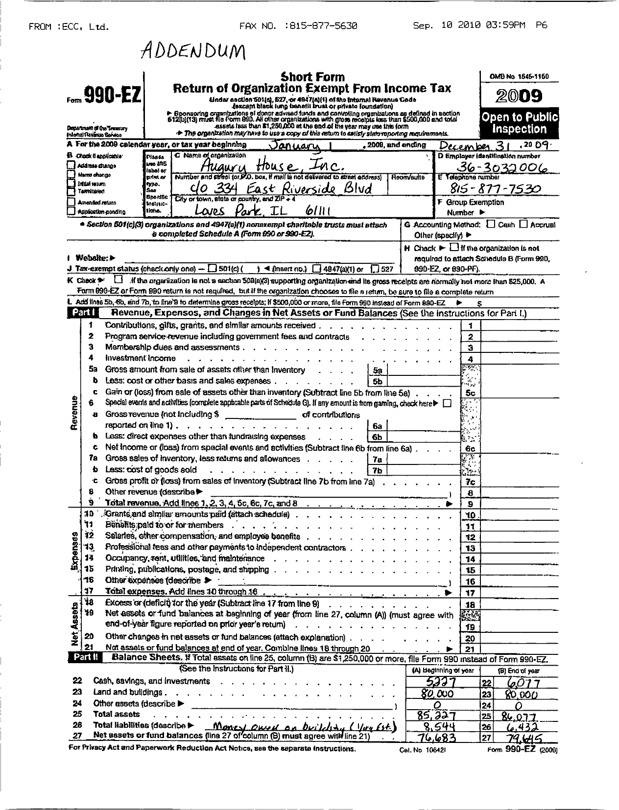 Image of first page of 2009 Form 990ER for Augury House