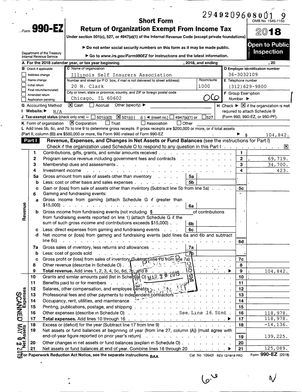 Image of first page of 2018 Form 990EO for Illinois Self Insurers Association