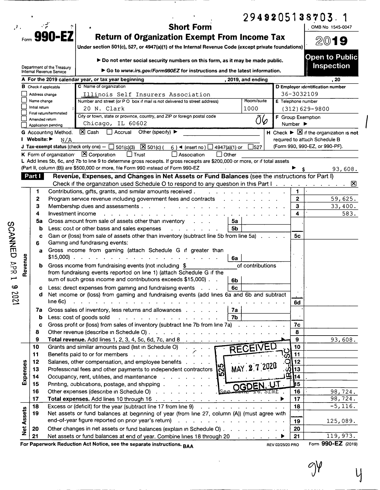 Image of first page of 2019 Form 990EO for Illinois Self Insurers Association