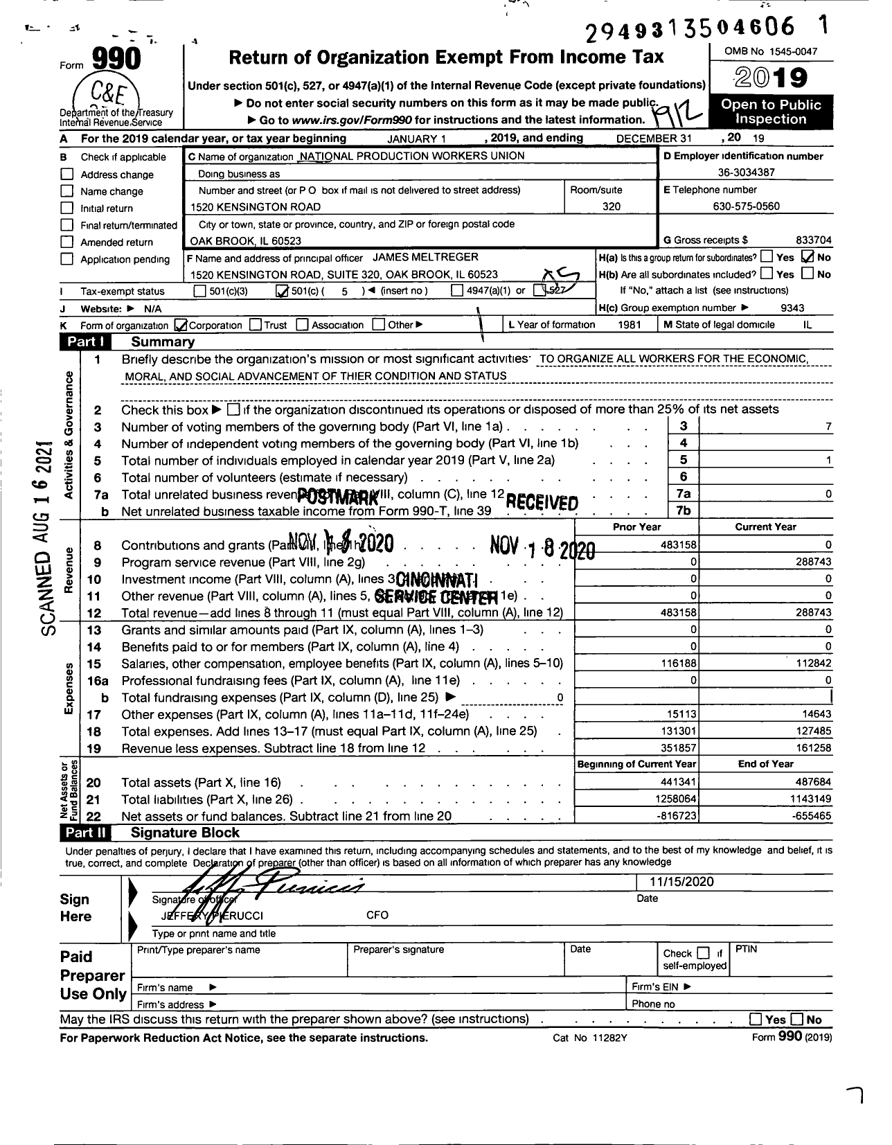 Image of first page of 2019 Form 990O for National Production Workers Union