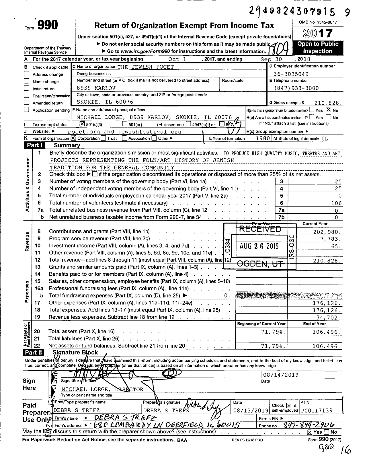 Image of first page of 2017 Form 990 for The Jewish Pocet