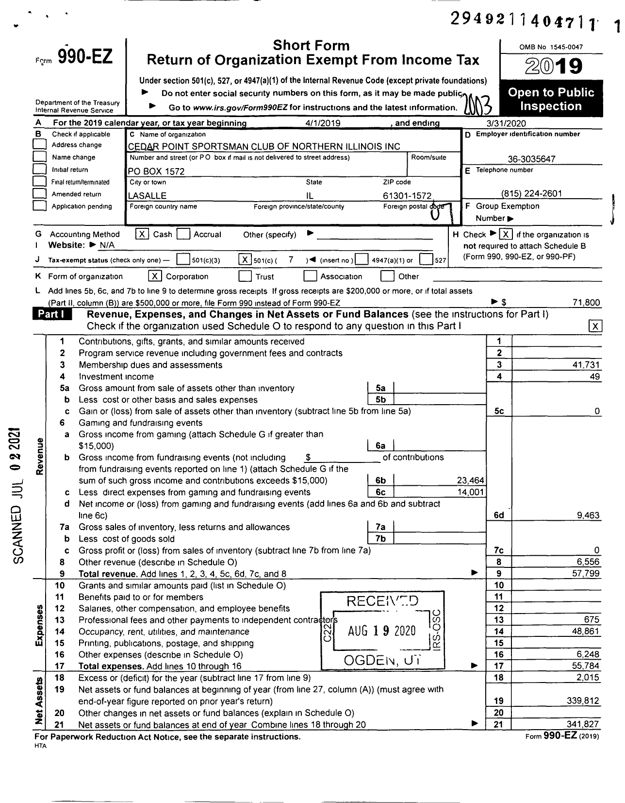 Image of first page of 2019 Form 990EO for Cedar Point Sportsman Club of Northern Illinois