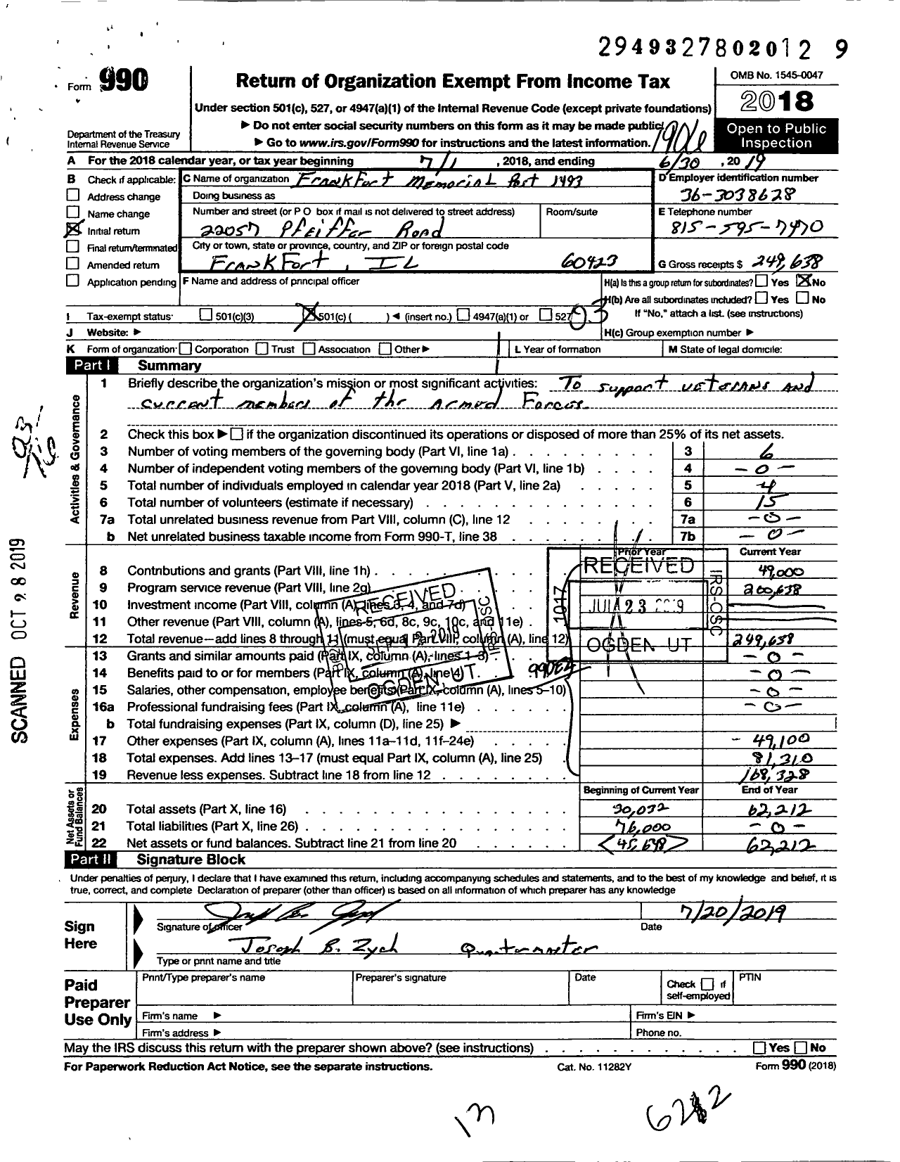 Image of first page of 2018 Form 990 for VFW Dept OF ILLINOIS - 1493 Frankfort Memorial Post