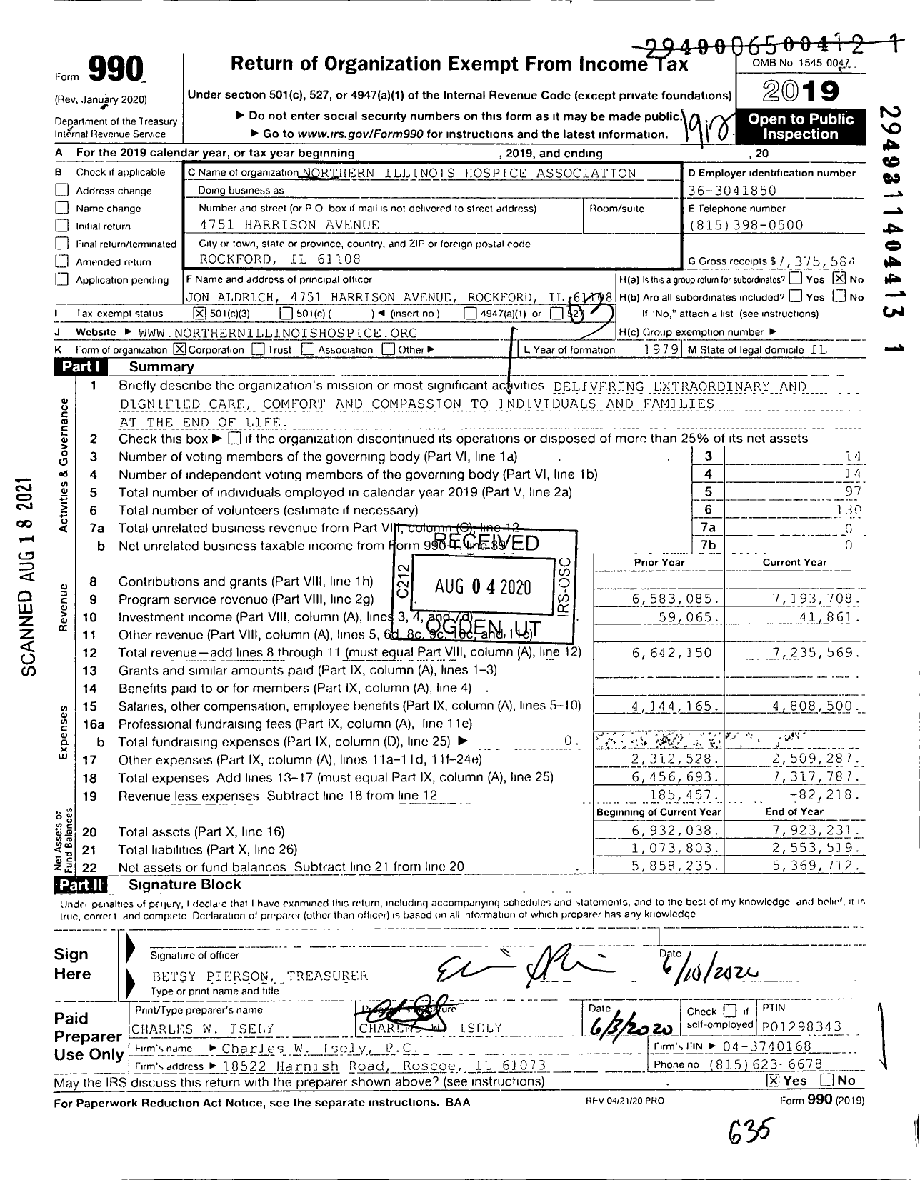 Image of first page of 2019 Form 990 for Northern Illinois Hospice Association