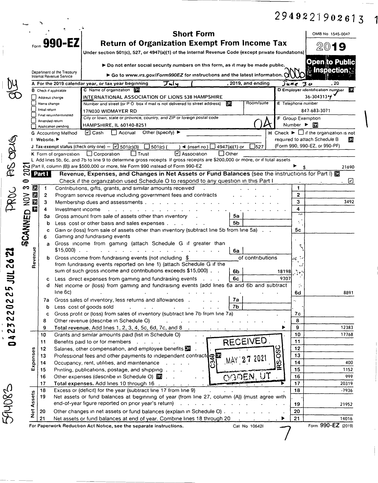 Image of first page of 2019 Form 990EO for International Association of Lions 538 Hampshire