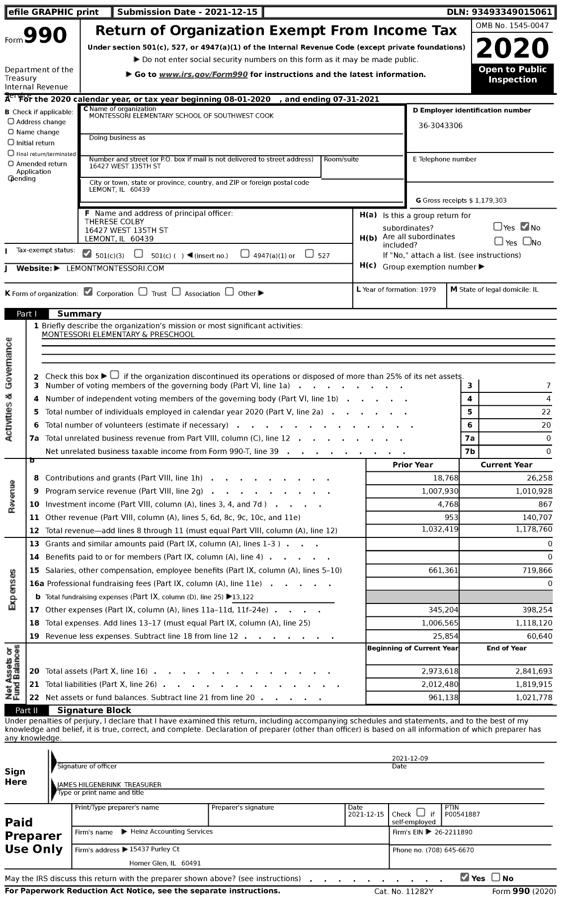 Image of first page of 2020 Form 990 for Montessori Elementary School of S'W Cook