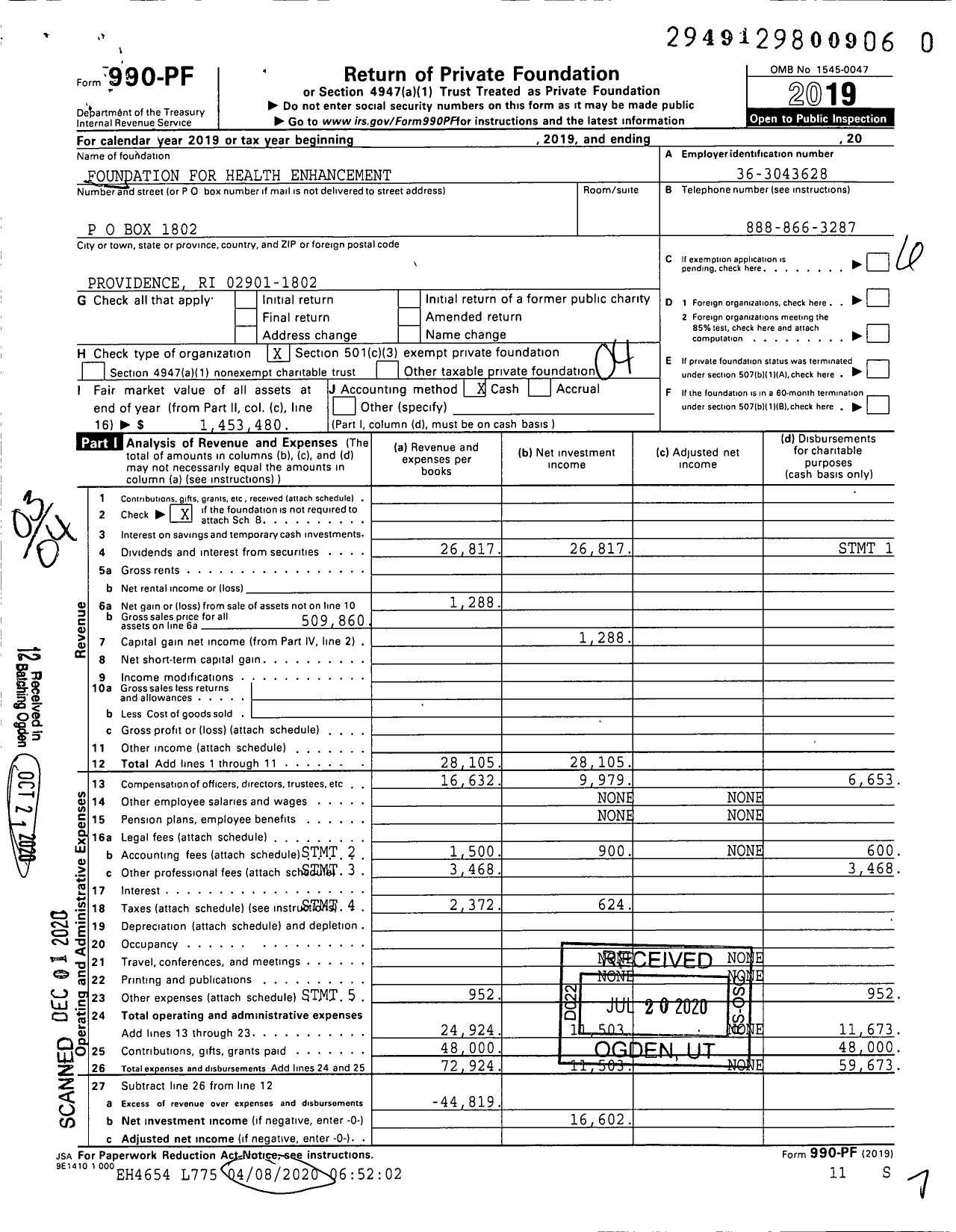 Image of first page of 2019 Form 990PF for Foundation for Health Enhancement