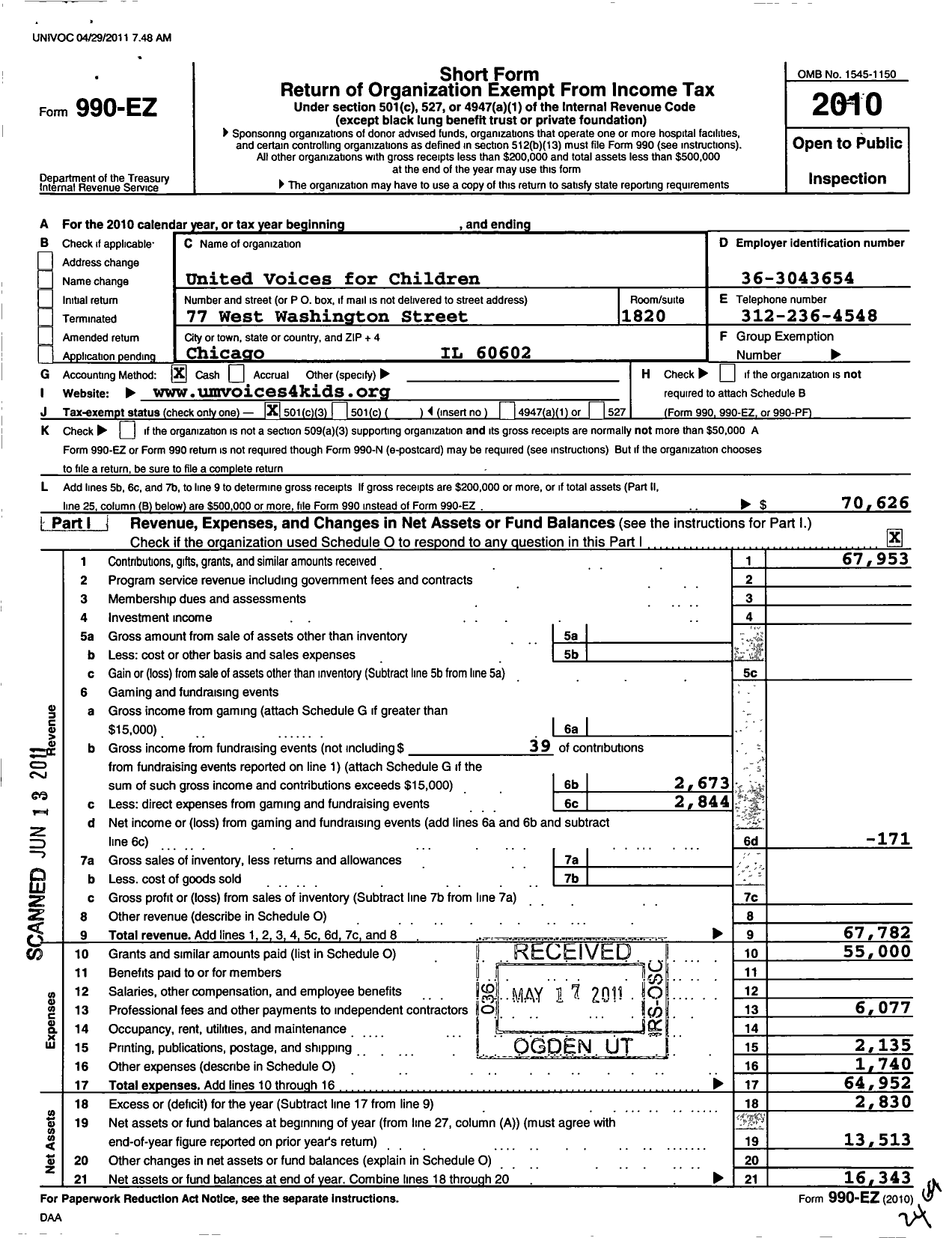 Image of first page of 2010 Form 990EZ for United Voices for Children