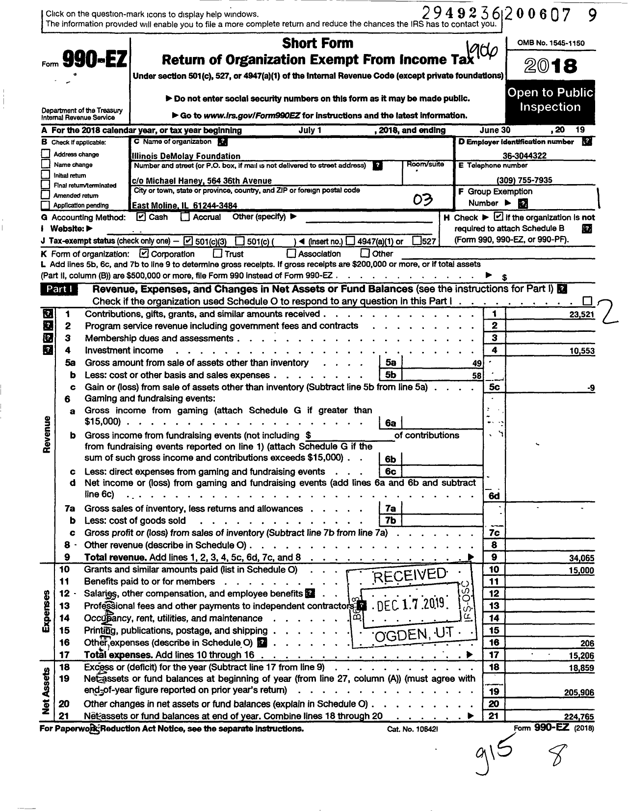 Image of first page of 2018 Form 990EZ for Illinois Order of Demolay Foundation