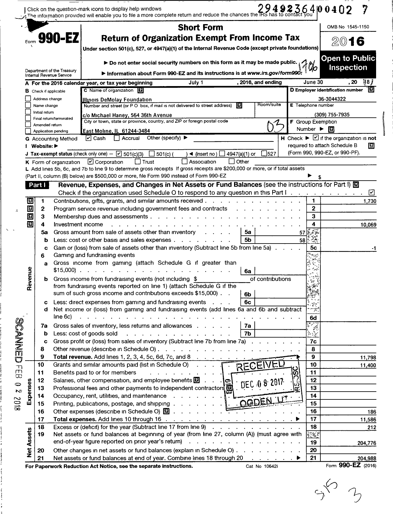 Image of first page of 2016 Form 990EZ for Illinois Order of Demolay Foundation