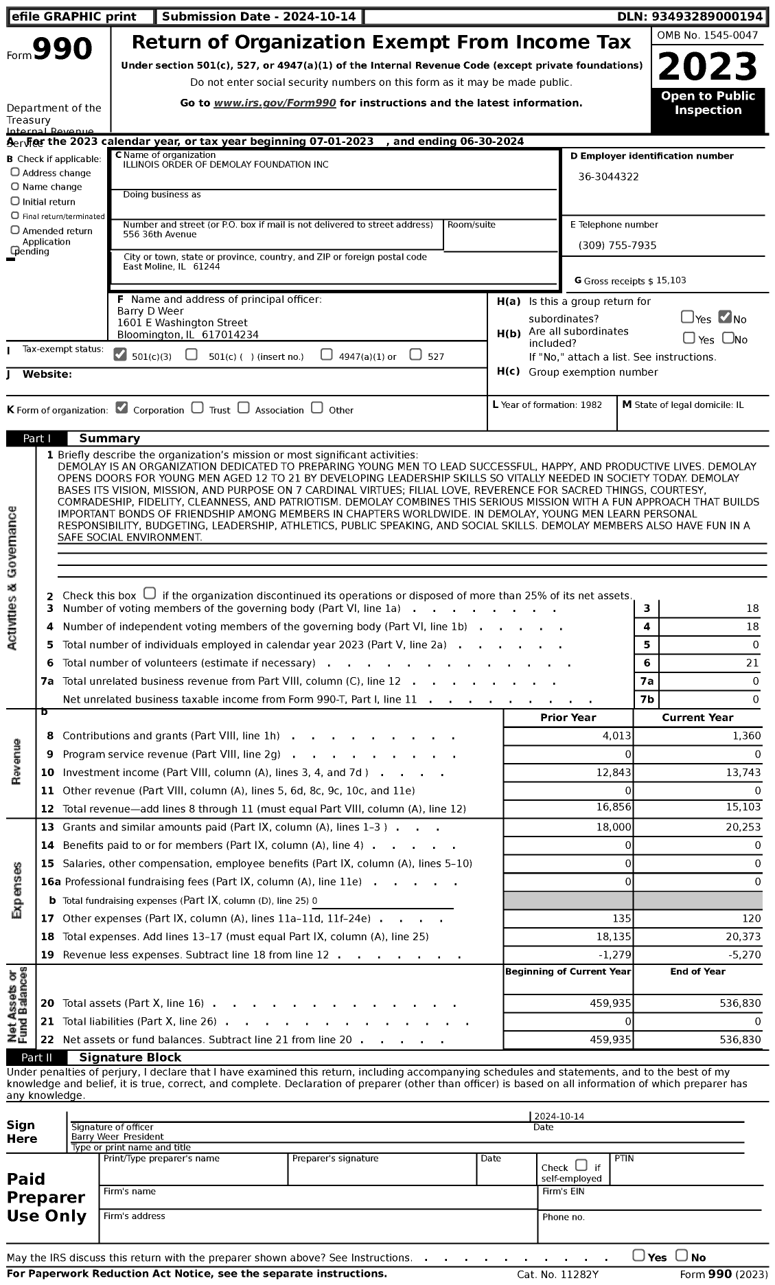 Image of first page of 2023 Form 990 for Illinois Order of Demolay Foundation