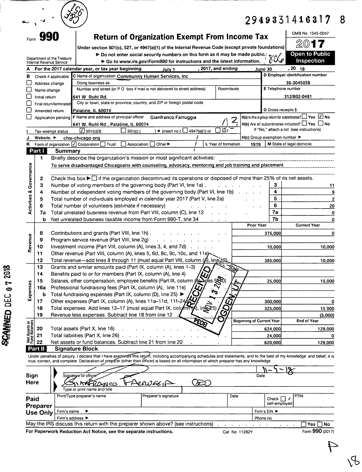 Image of first page of 2017 Form 990 for Community Human Services