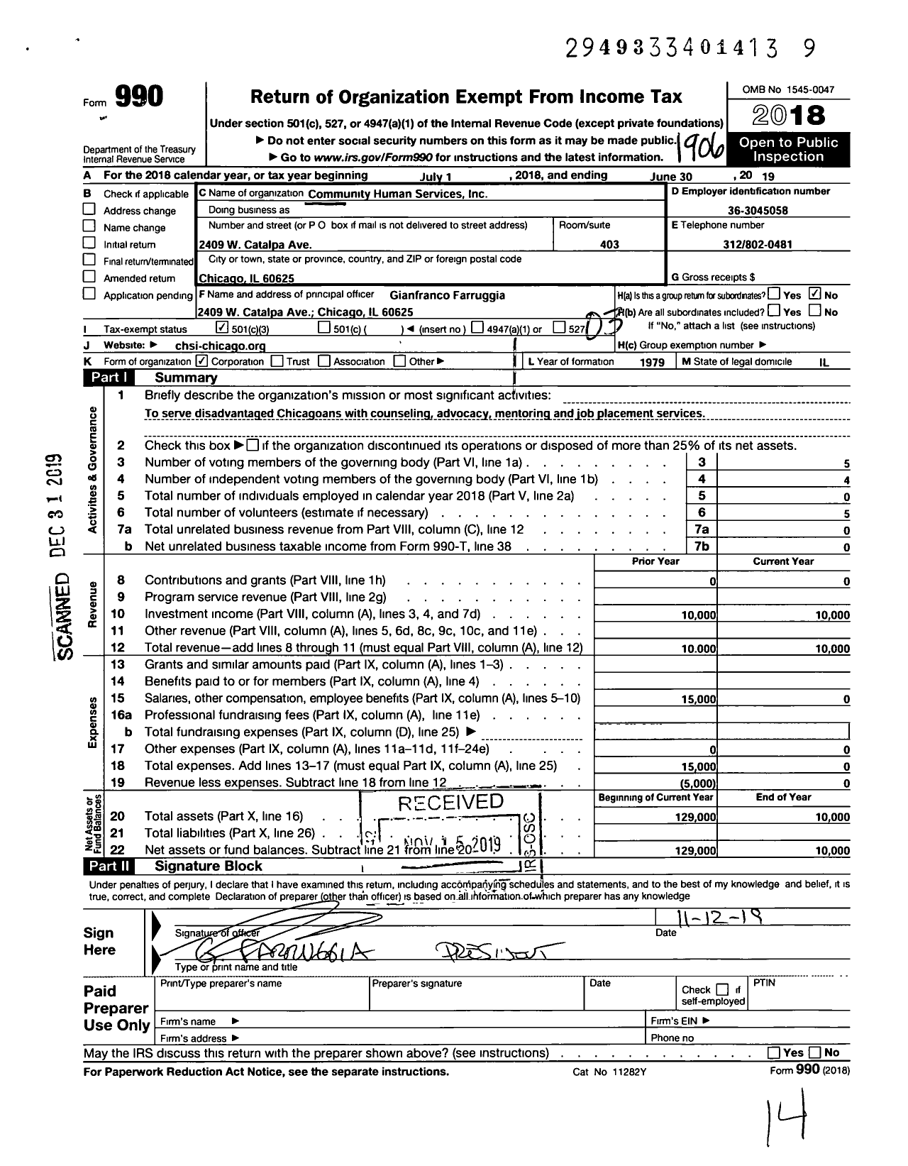 Image of first page of 2018 Form 990 for Community Human Services