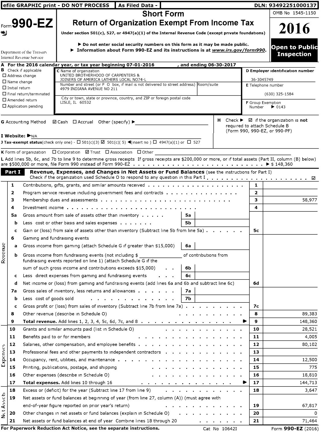 Image of first page of 2016 Form 990EO for United Brotherhood of Carpenters and Joiners of America Lathers Local No74-L