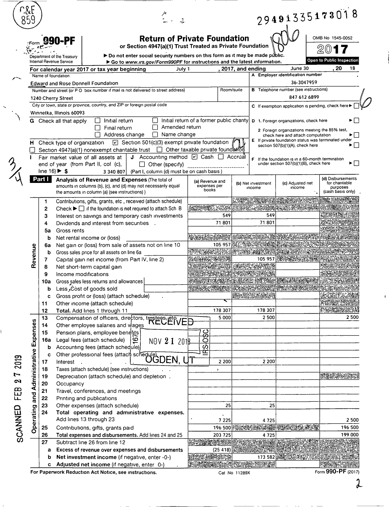 Image of first page of 2017 Form 990PF for Edward and Rose Donnell Foundation