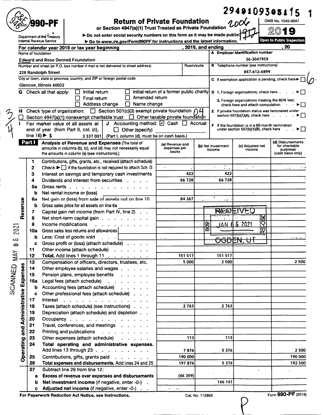 Image of first page of 2019 Form 990PF for Edward and Rose Donnell Foundation