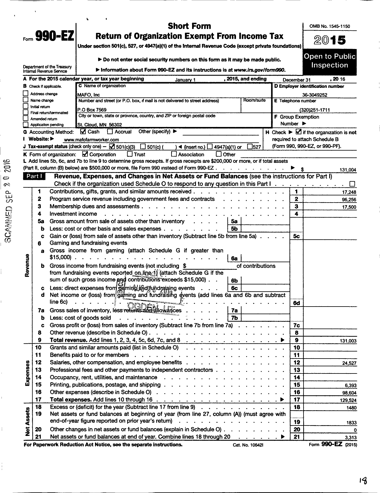 Image of first page of 2016 Form 990EZ for Mafo