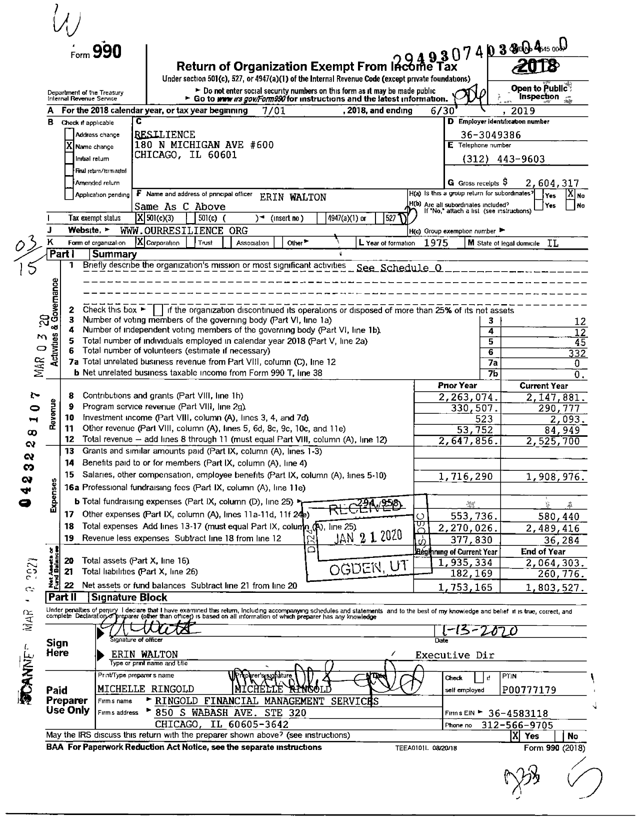 Image of first page of 2018 Form 990 for Resilience