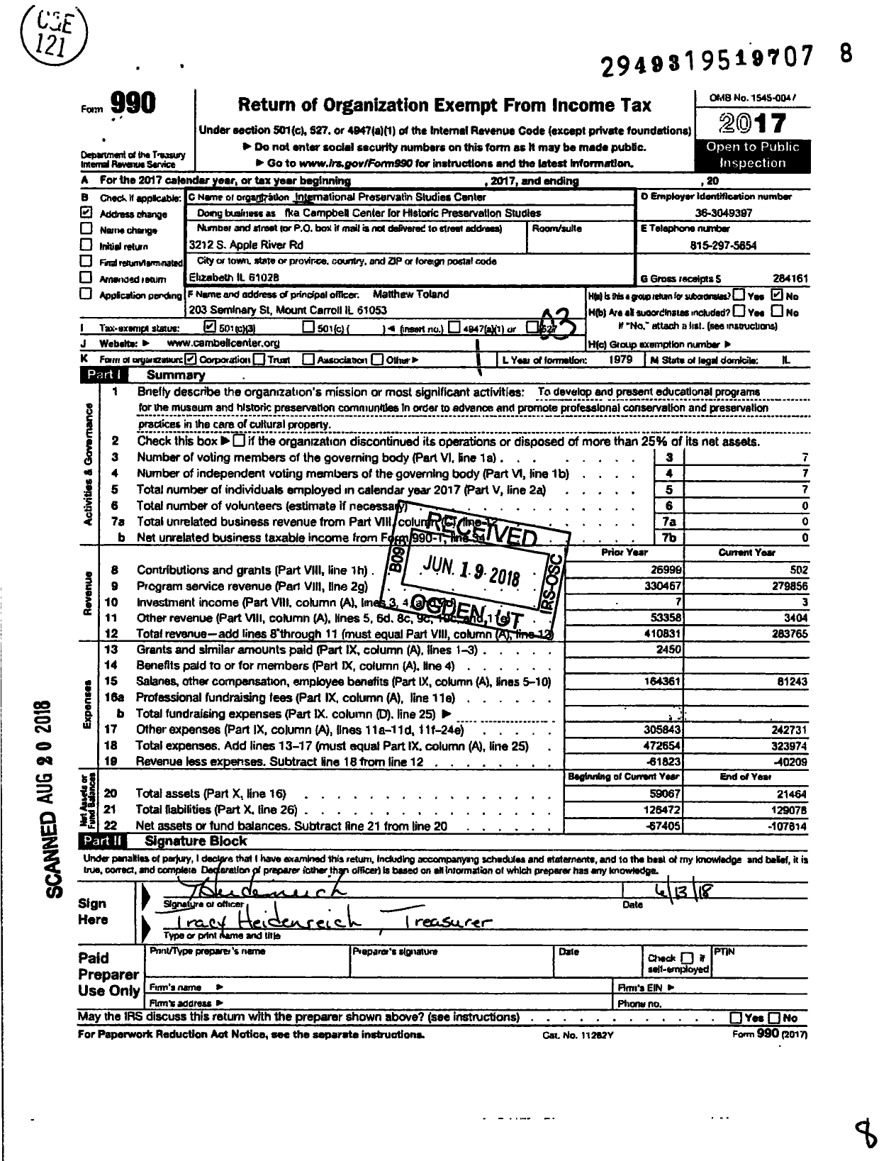 Image of first page of 2017 Form 990 for Campbell Center for Historic Preservation