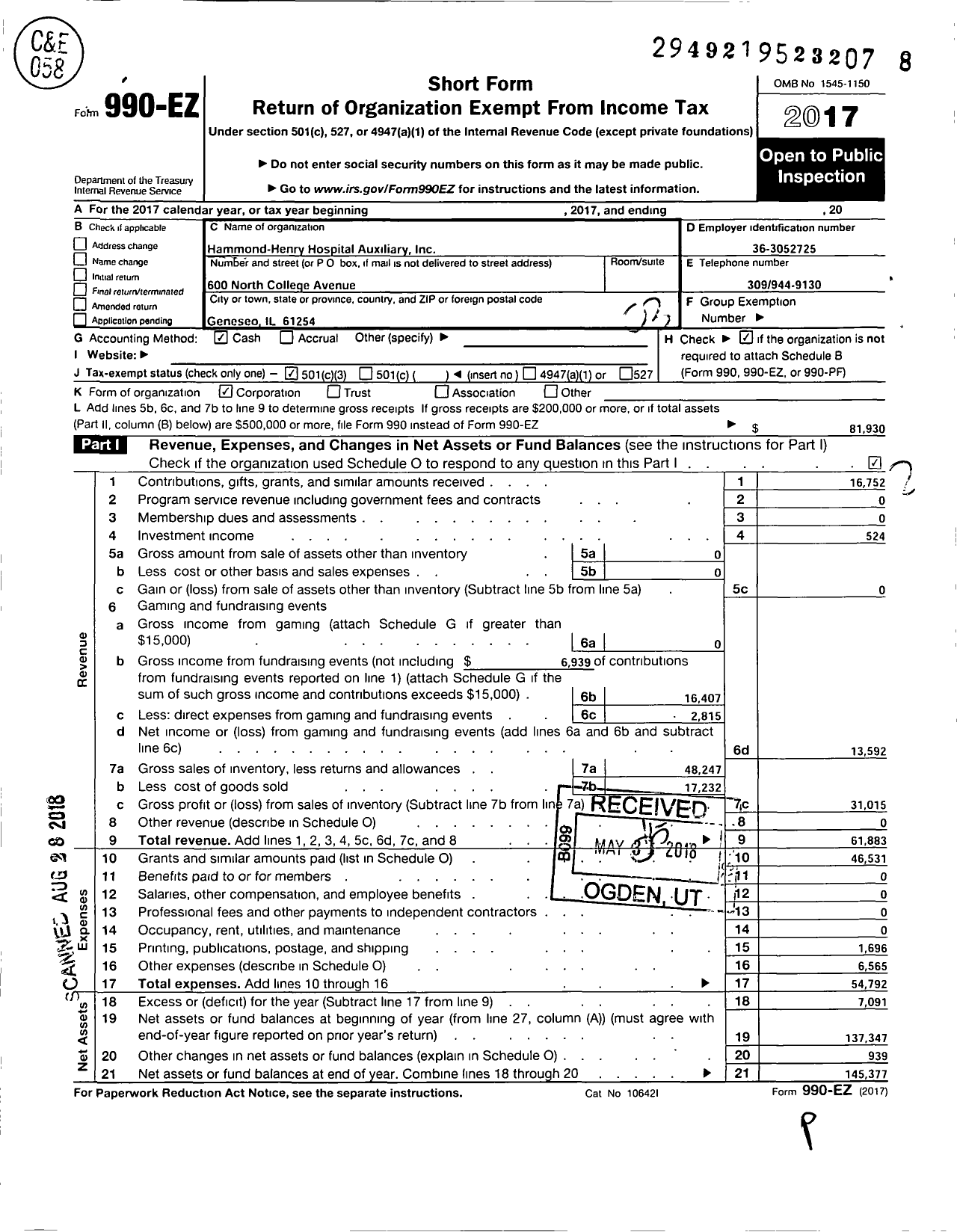 Image of first page of 2017 Form 990EZ for Hammond Henry Hospital Auxiliary