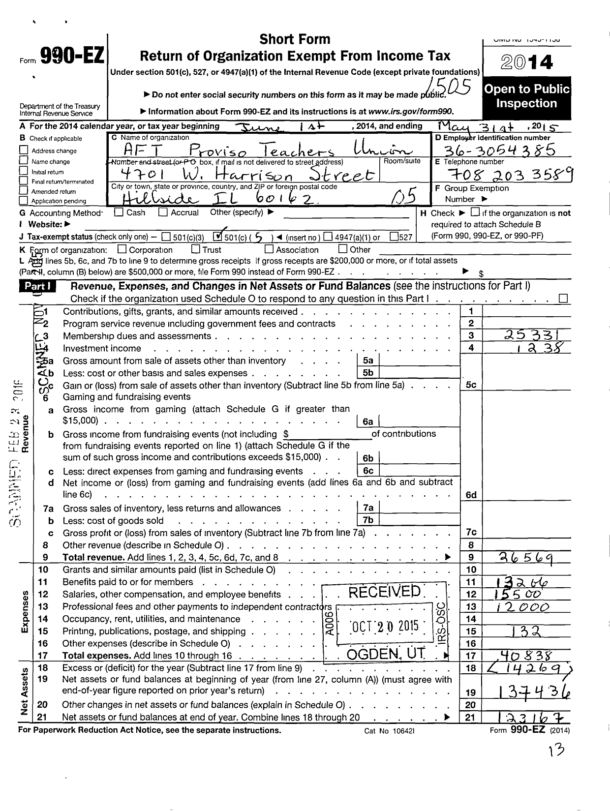 Image of first page of 2014 Form 990EO for American Federation of Teachers - 571 Proviso Teachers Union Council