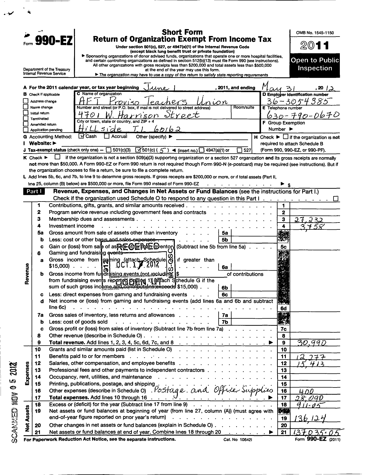 Image of first page of 2011 Form 990EO for American Federation of Teachers - 571 Proviso Teachers Union Council