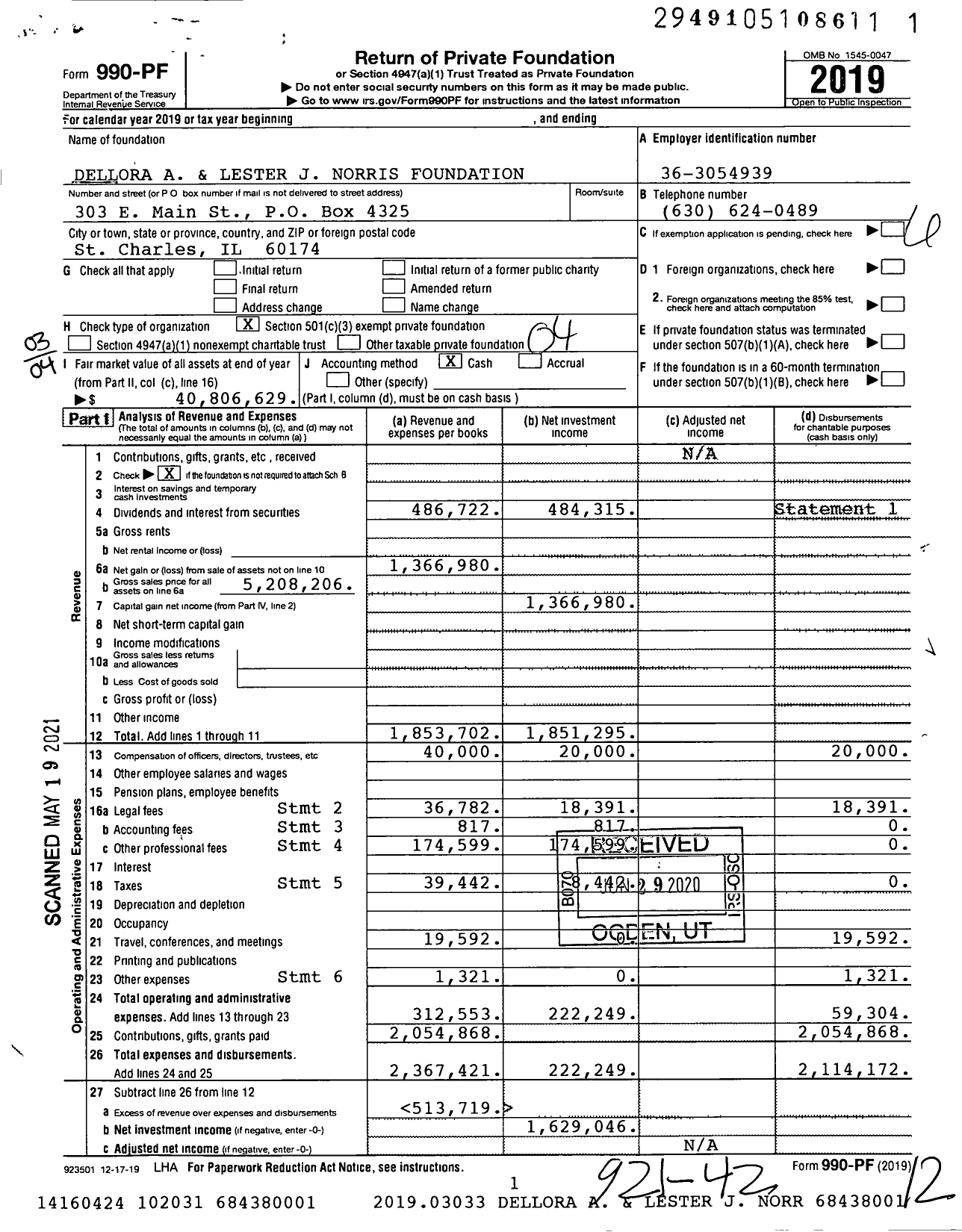 Image of first page of 2019 Form 990PF for Dellora A. & Lester J. Norris Foundation